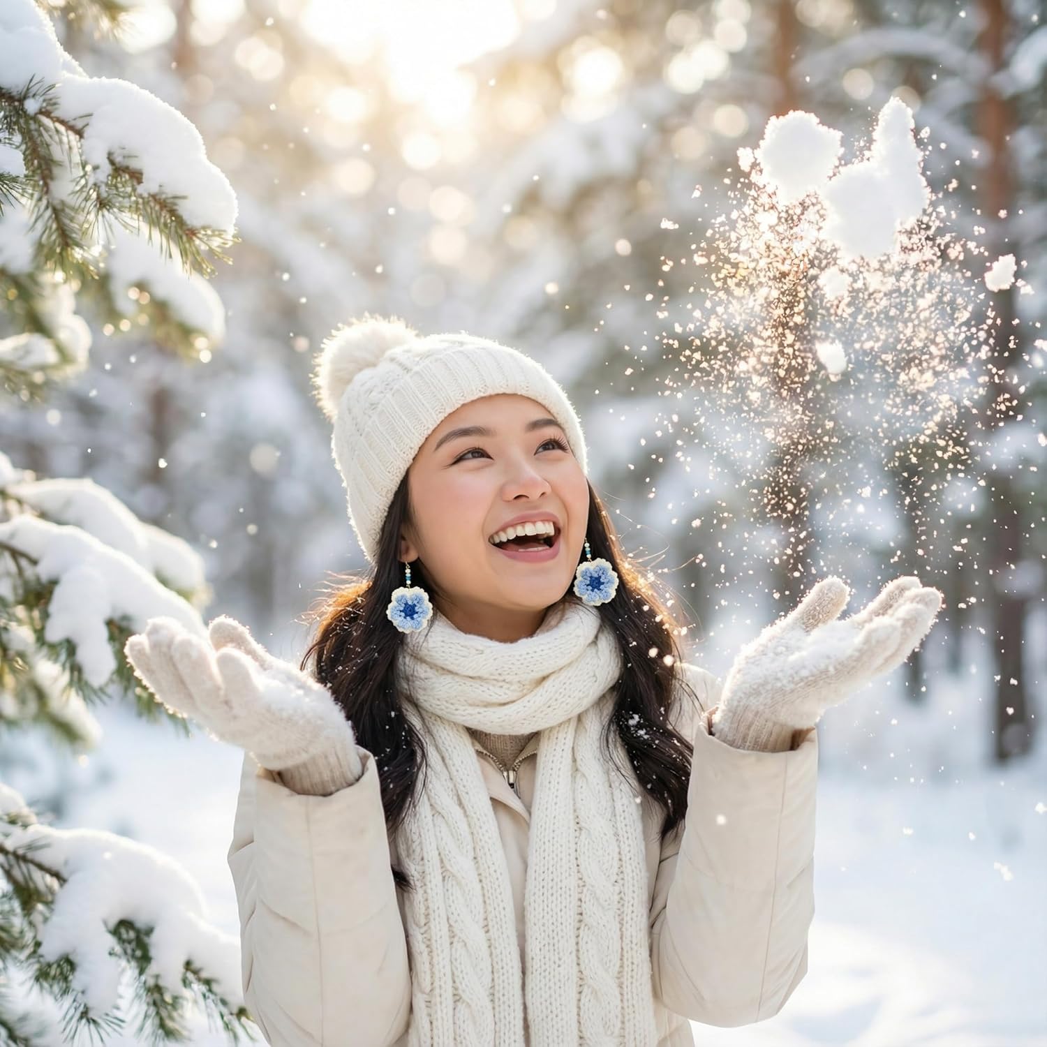 Azure Bloom Crochet Flower Earrings – Handmade Blue & White Floral Dangles, Lightweight Statement Earrings with 18K Gold-Plated Sterling Silver Hooks, Soft Winter Crochet Aesthetic, Gift for Women – KnitAra Handmade Magic - Image 5