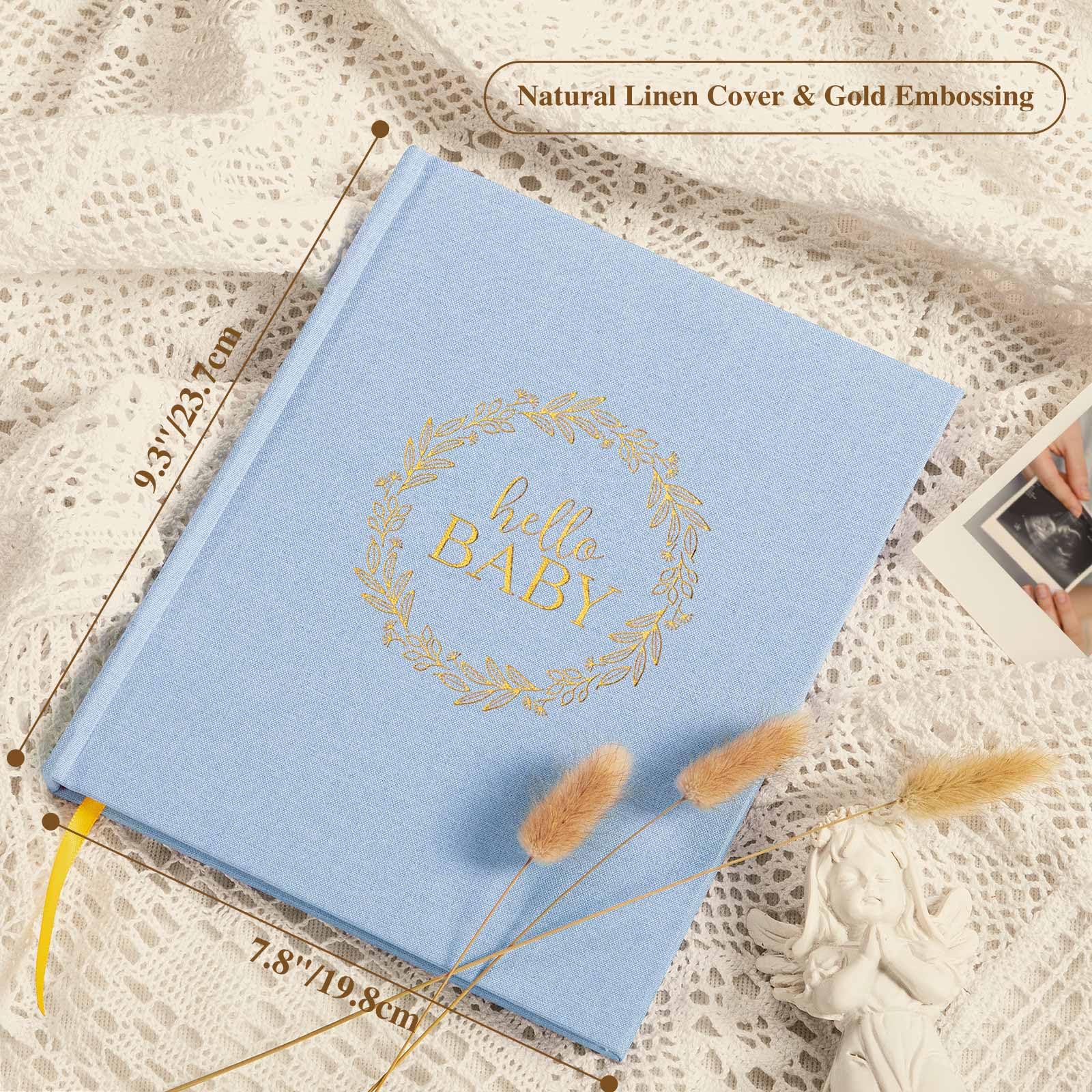Lanpn Hello Baby książka pamiątkowa dla chłopca lub dziewczynki, lniana okładka, 5-letni, album fotograficzny, kamień milowy noworodka, pamiątka dla nowych rodziców (niebieski, 154 strony)