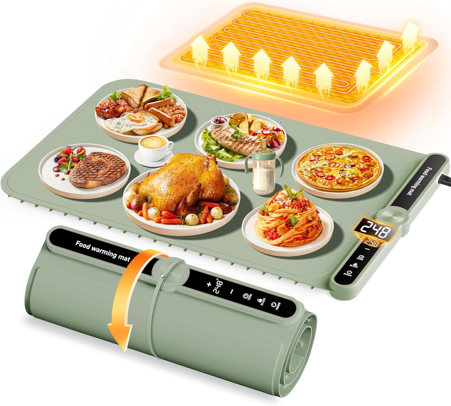 Electric Warming Mat 6 Gear Timed 9 Gear Temperature Controlled 18H Auto Power Off Full Surface Rapid Heating Ideal for Buffets Party Gatherings Warming Mat For Food (Green)