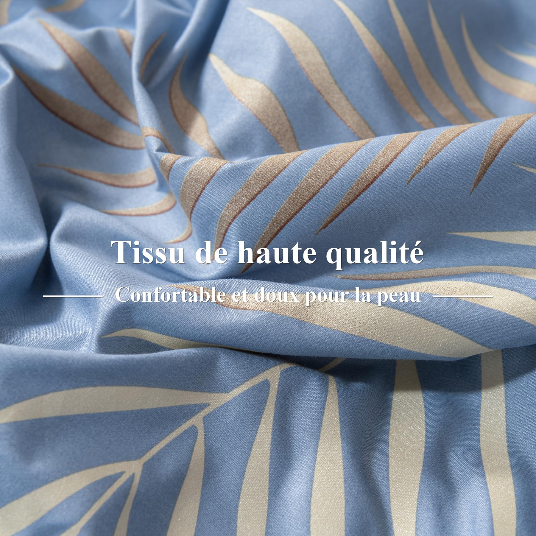 Gezu Housse de Couette Doré 240x260 Motif Feuilles de Palmier Tropicales Parure de Lit 240x260 Or et Bleu Botanique Linge de Lit 2 Personnes Adulte avec Fermeture Éclair et 2 Taies d'oreiller 65x65cm
