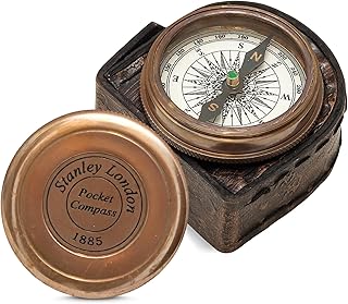 Antique Brass Compass with Chain and Wooden Box – Engraved Bible Verse (Proverbs 3:5-6) – Vintage Nautical Compass for Gifts, Décor, and Collectors