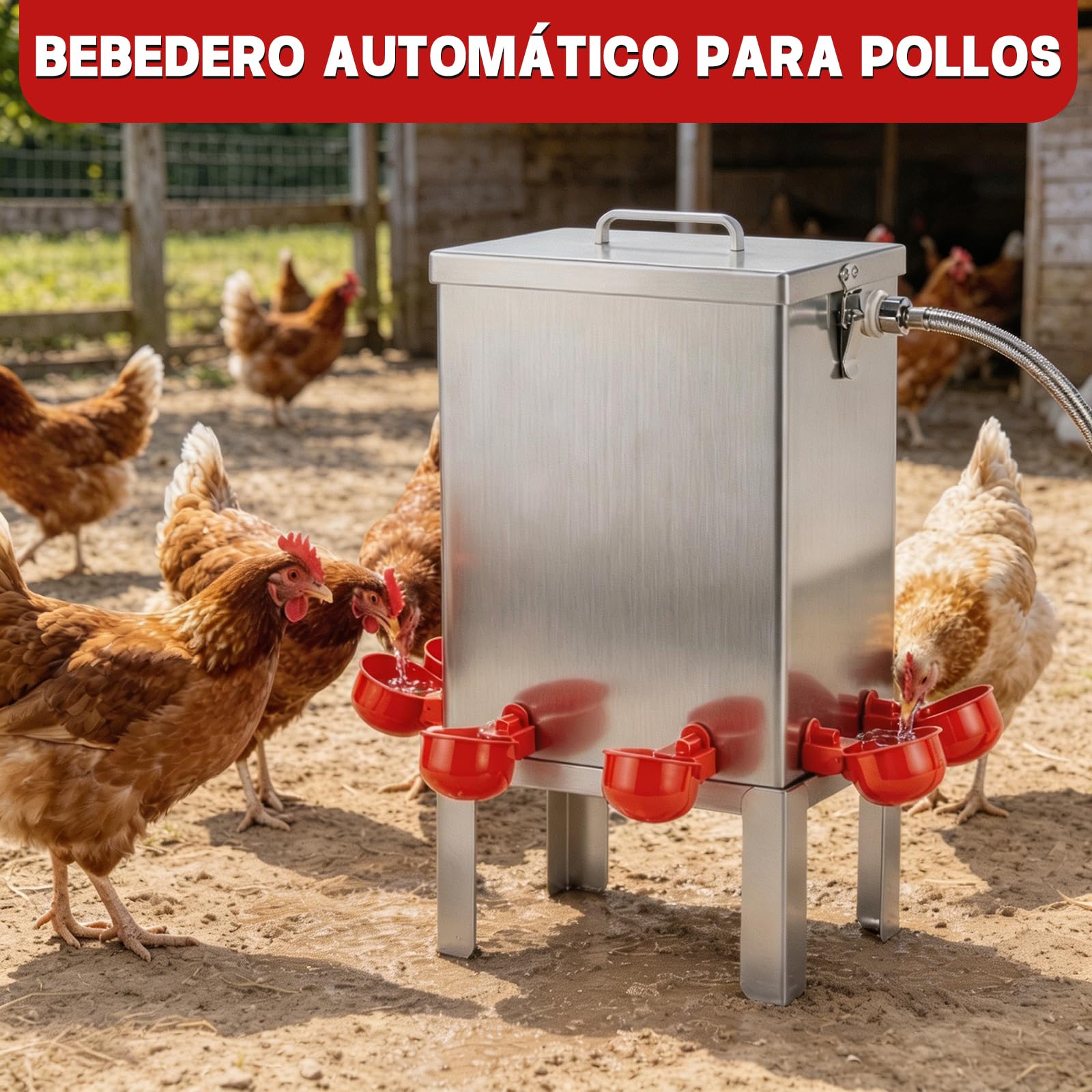 Bebedero Automático para Aves de Corral 10L, Acero Inoxidable con Válvula de Flotador, Soporte de Suelo y Manguera, Bebedero para Gallinas, Codornices, Patos, Gansos y Pavos