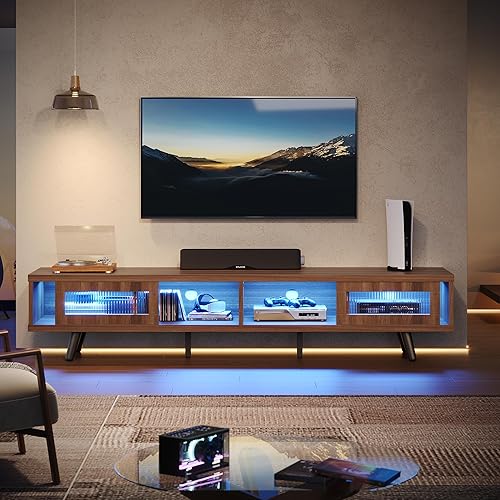 Miniatura 2 de Bestier Soporte de TV moderno de mediados de siglo para TV de 75 pulgadas, centro de entretenimiento LED con almacenamiento y puertas correderas,