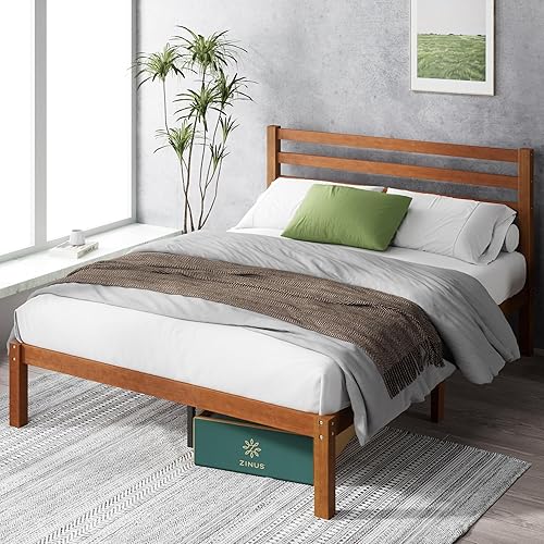 Miniatura 10 de Zinus Leah - Base de cama de plataforma de bambú con cabecero, no necesita somier, soporte de listones de madera, fácil de montar, tamaño matrimonial