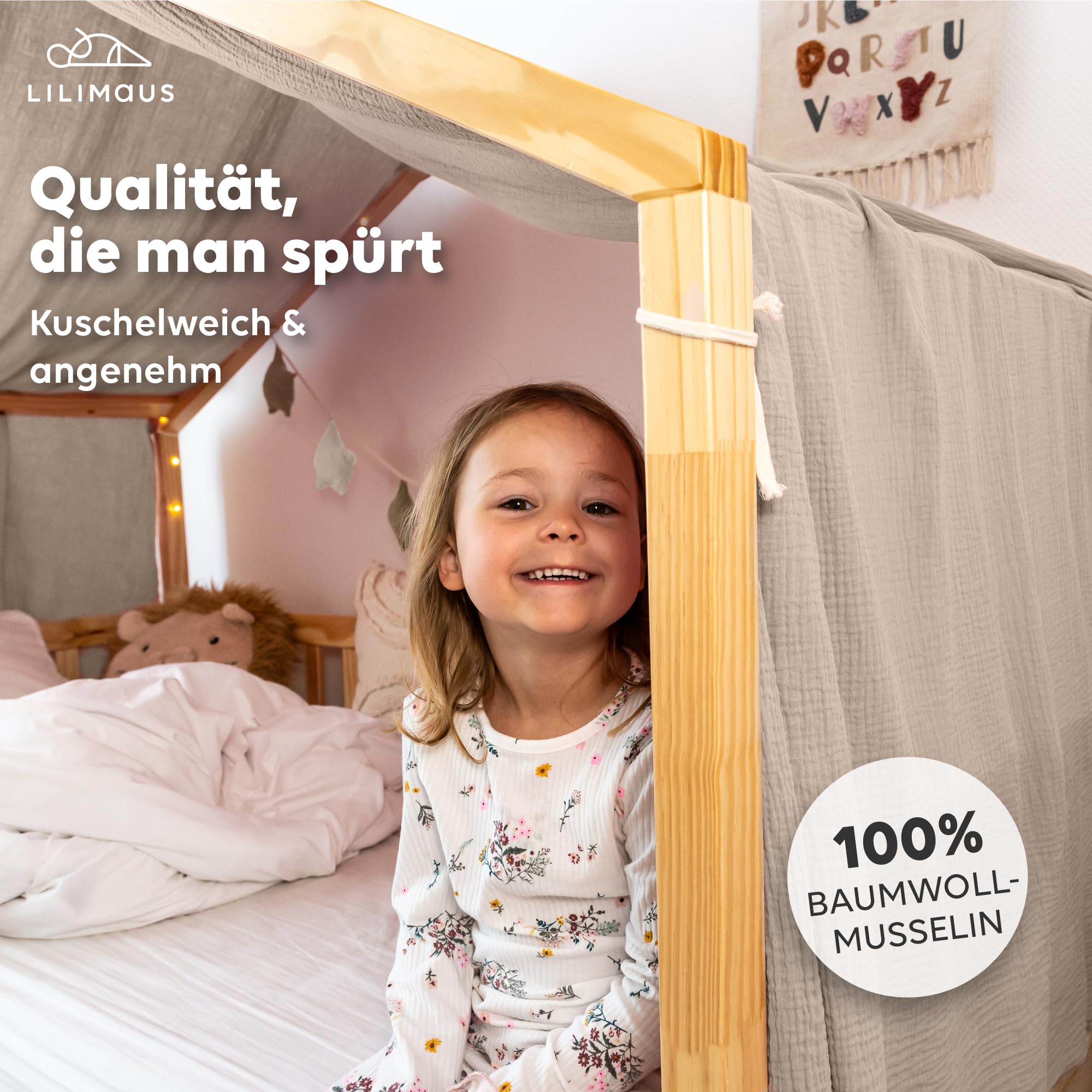 lilimaus Hausbett Himmel [in 12 Farben] Betthimmel Hausbett aus 100% Baumwolle Musselin - Stoffhimmel für Hausbett Deko Mädchen & Jungen - Himmel für Hausbett Kinder - Bett Vorhang Kinderbett