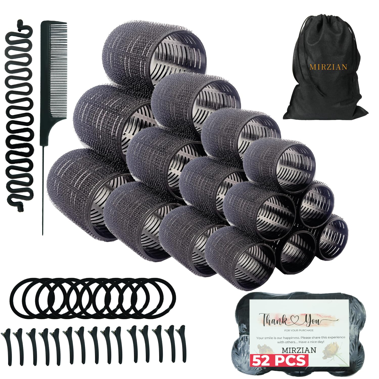 Mirzian 51PCS Hair Rollers with Clips Set – 24 Heatless Curlers (76mm, 50mm, 40mm, 30mm), 15 Clips, 10 Hair Grips, Comb, Braid Tool & Storage Bag – No Heat Hair Curlers Rollers for Volume