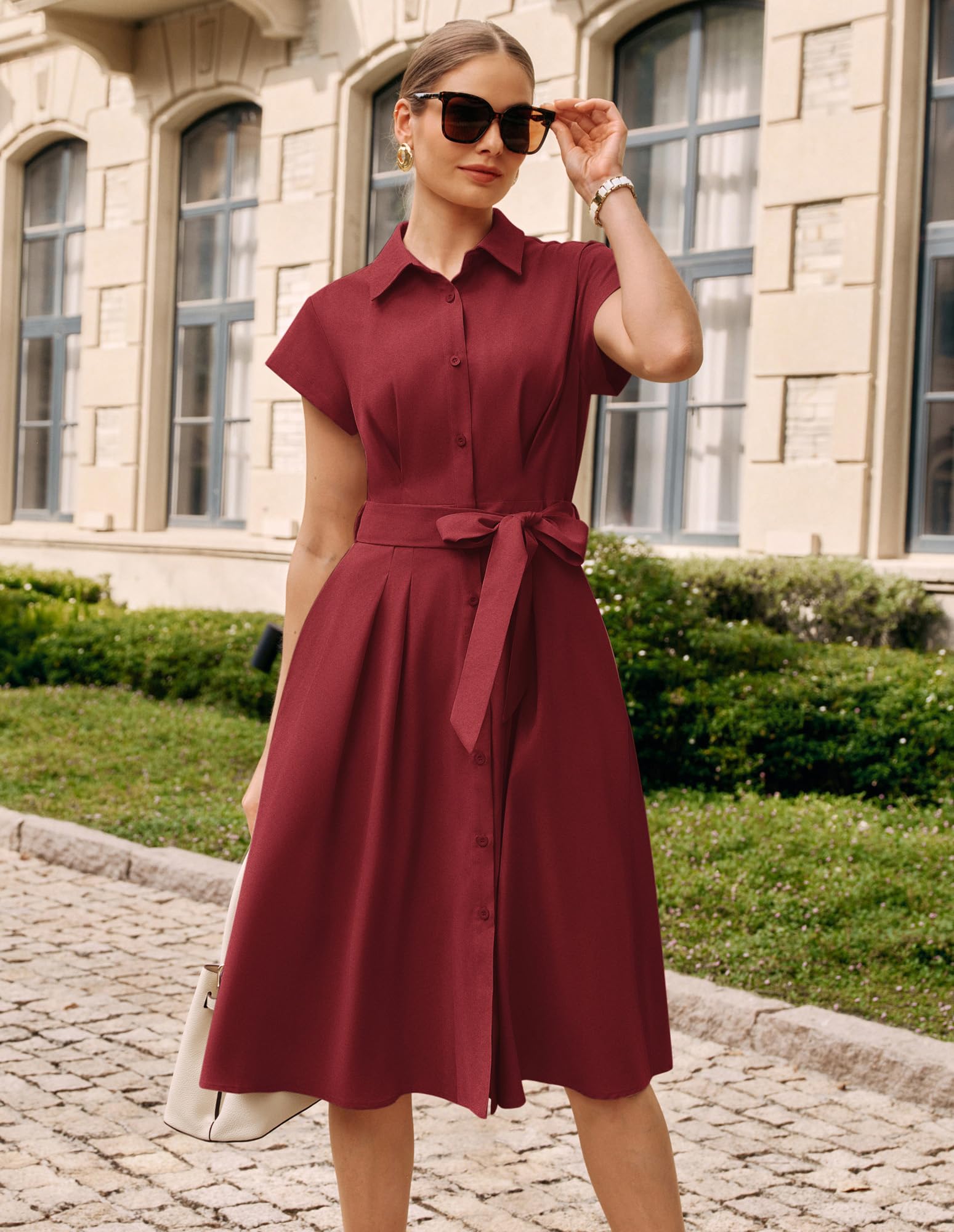 GRACE KARIN Abito midi da donna a maniche corte, linea ad A, elegante, collo con risvolto, bottoni, cravatta in vita, camicia per lavoro e matrimonio
