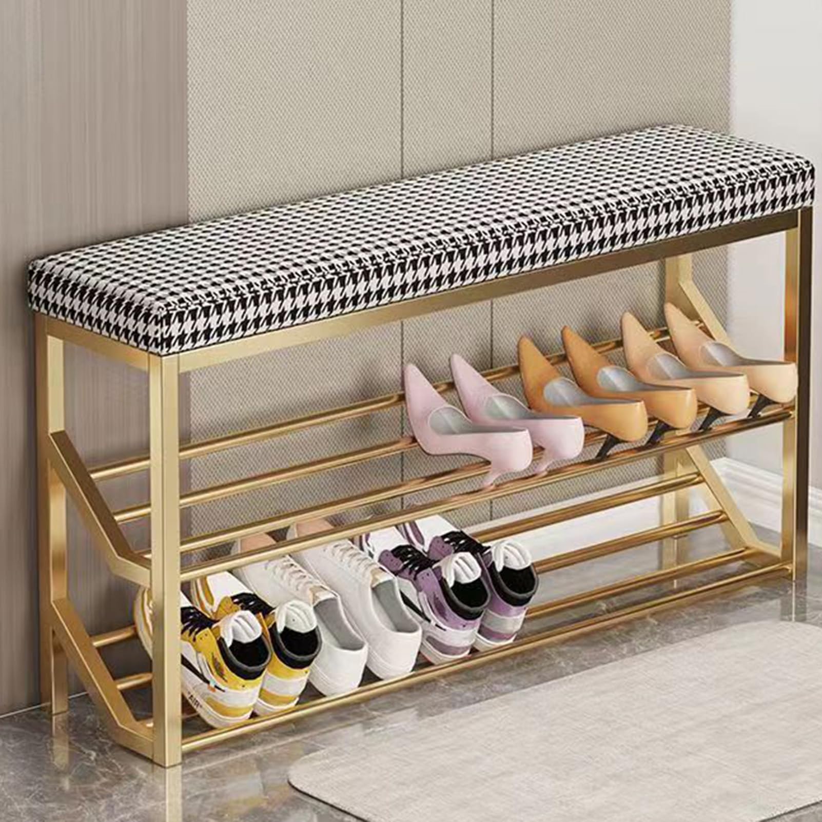 Banc d'entrée en bois avec coussin rembourré et étagère