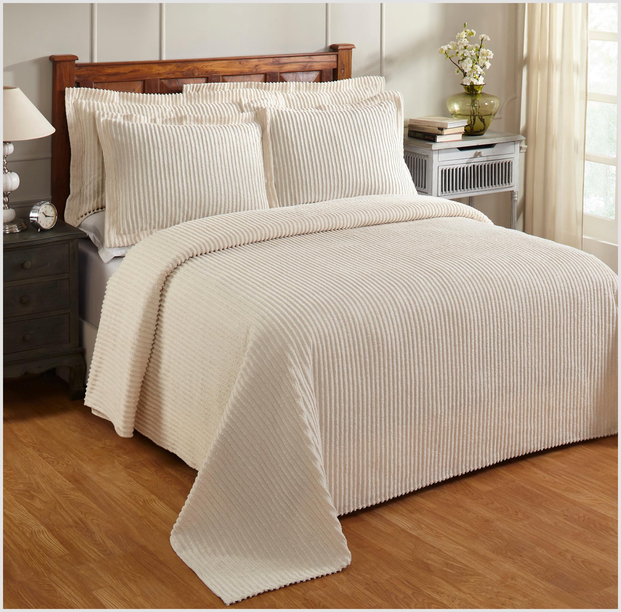 Better Trends Ivory Chenille Bedspreads Full/Double, Jullian Collection Bold Stripes Design In - Super Soft, Lightweight Bedspreads, 100% Cotton Tufted Cotton Bedspreads & Bedding