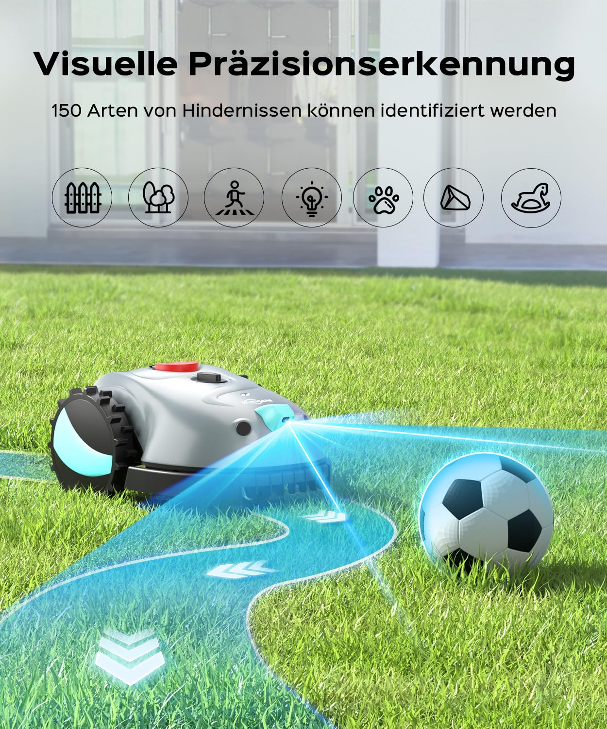 YARDCARE V100 Mähroboter ohne Begrenzungskabel, mit Vision Navigation, Spiralschnitt, 150 Hinderniserkennung, Rasenroboter bis zu 150 m², 4Ah Akku Rasenmäher Roboter mit Kamera, Ersatzklingen