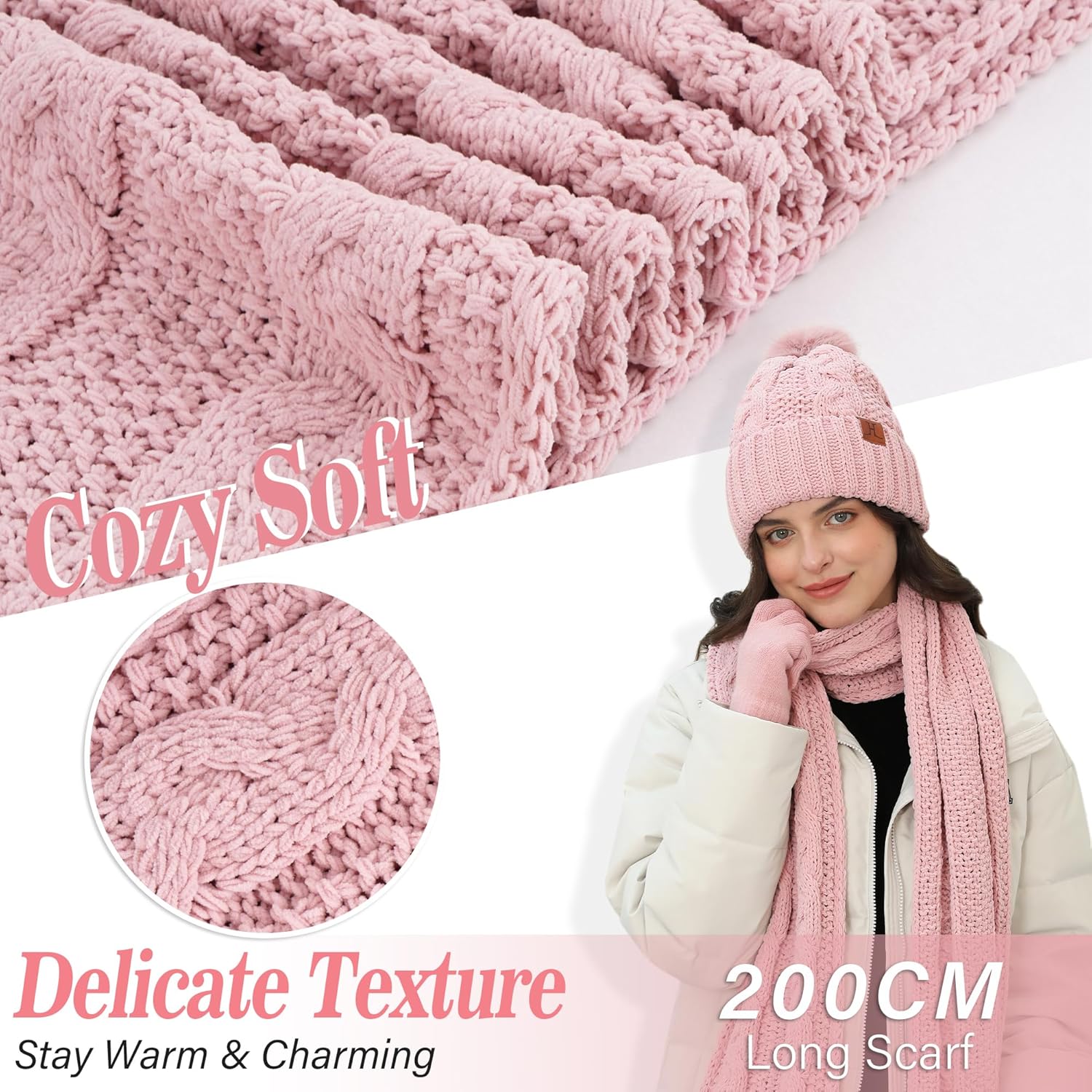 Womens Winter Beanie Hats Scarf Touchscreen Gloves Set Chenille Knit Fleece Lined Beanies Pompom Hat Scarves - Image 4