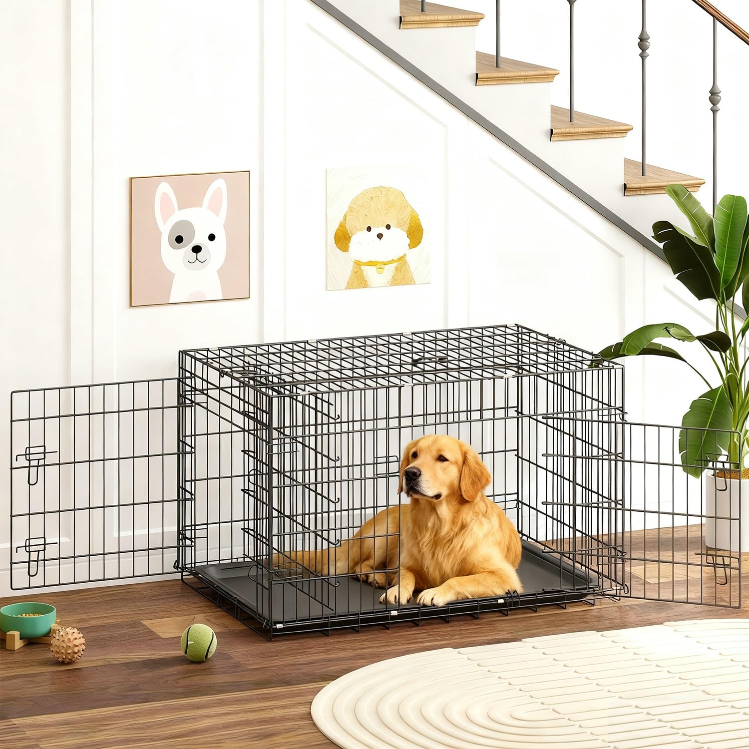 BestOffice Hundekäfig, klappbar, mit 2 Türen, ausziehbar Kunststofftablett und Griff, Hundetransportbox für Reisen, 107x69x76cm, XL, Transportbox- Haustiere, Innen und Außenbereich, Schwarz