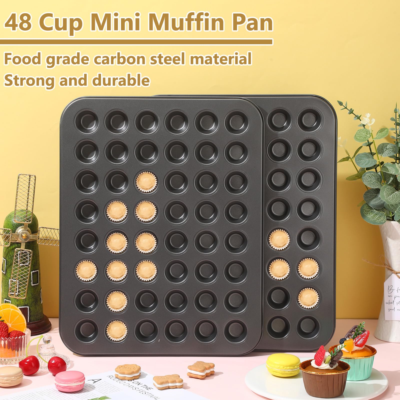 Tioncy 4 mini moldes para magdalenas de 48 tazas de 15.94 x 12.6 x 0.79 pulgadas, antiadherente, de acero, para hornear tartas de queso, apto para lavavajillas