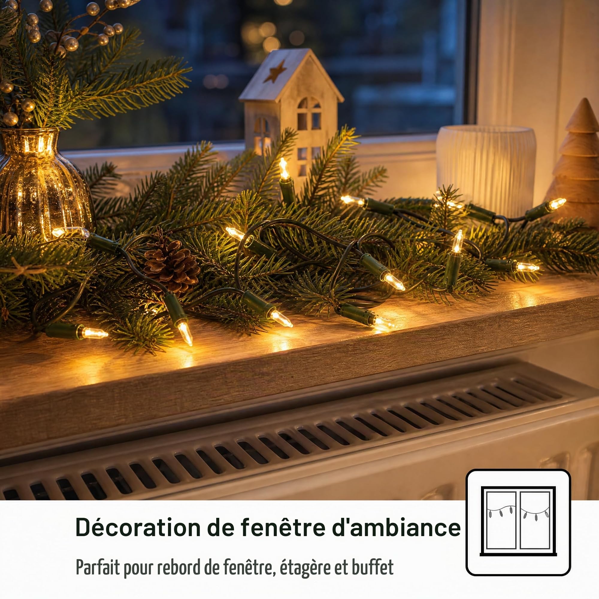 hellum 150230 Guirlande lumineuse d'intérieur avec 100 LED, blanc chaud, guirlande lumineuse longue de 14,85 m éclairée avec câble vert, guirlande lumineuse intérieure avec prise, câble d'alimentation
