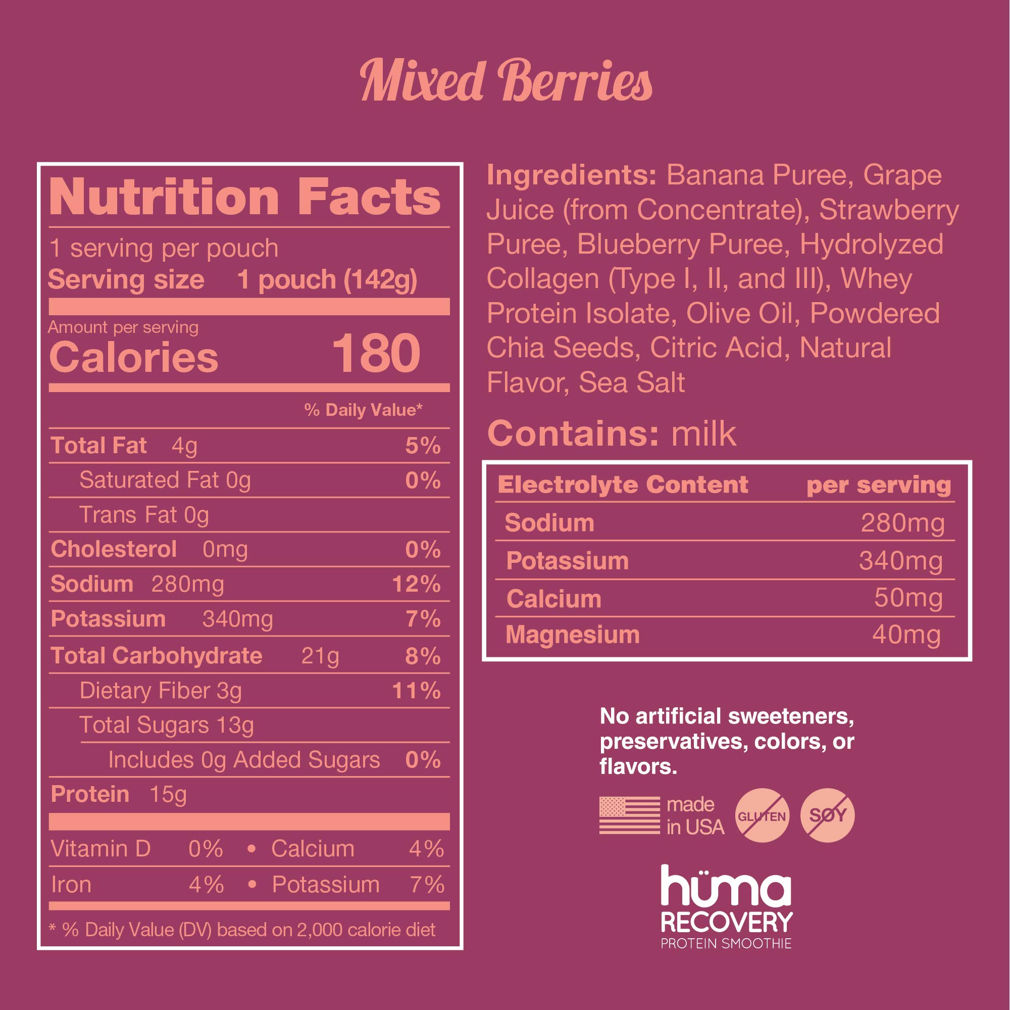 Huma Recovery Protein Smoothie, 12 Pouches 15g Collagen + Whey Post