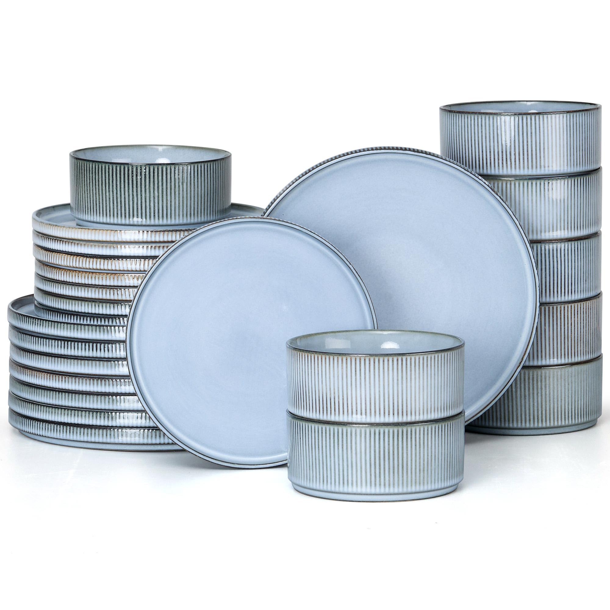 E-far 24-Piece Stoneware Dinnerware Sets, Plates and Bowls Sets for 8, Kitchen Modern Dinning Porcelain Dishes Set, Chip &amp; Scratch Resistant, Dishwasher &amp; Microwave Safe, Dusty Blue