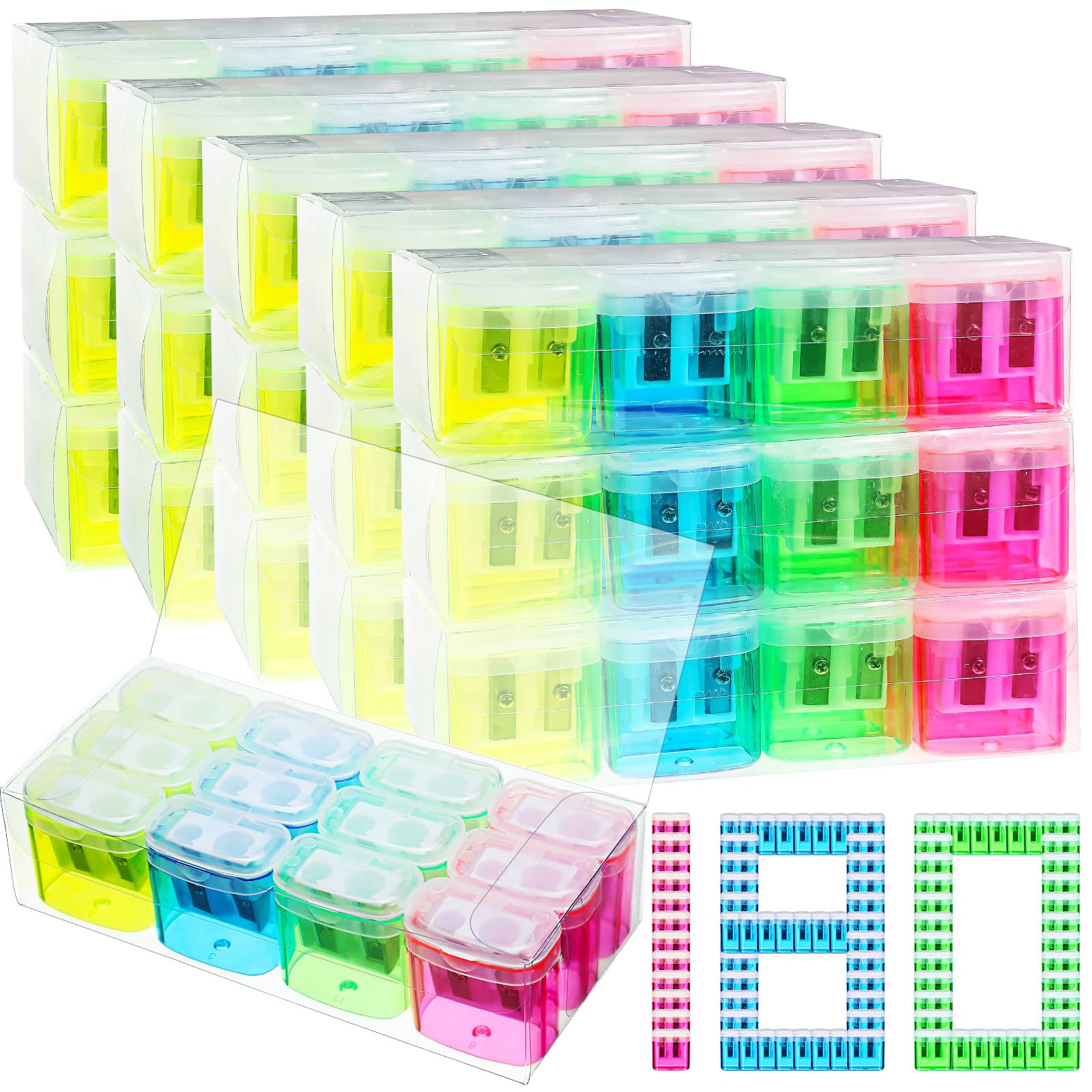 Teling 180 Pcs 180 Pcs Manual Pencil Sharpeners Bulk Handheld Dual Holes Pencil Sharpeners Colorful Portable Compact Sharpener with Lid for Home
