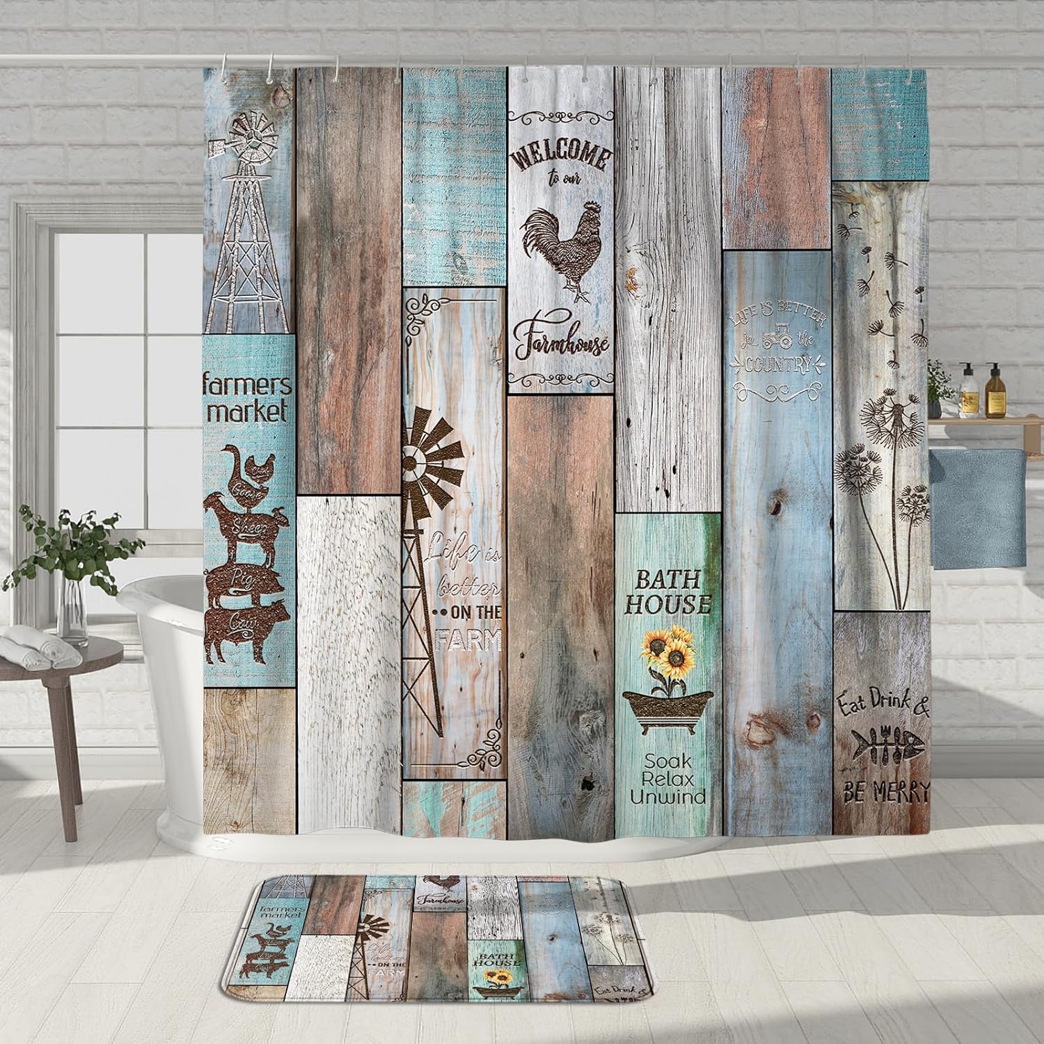 3Pcs Farmhouse Bathroom Sets with Shower Curtain and Rugs, 72'' Shower Curtain and Two Non-Slip Washable Bath Mats (15.7''x23.6''&19.7''x31.5''), Rustic Bathroom Decor