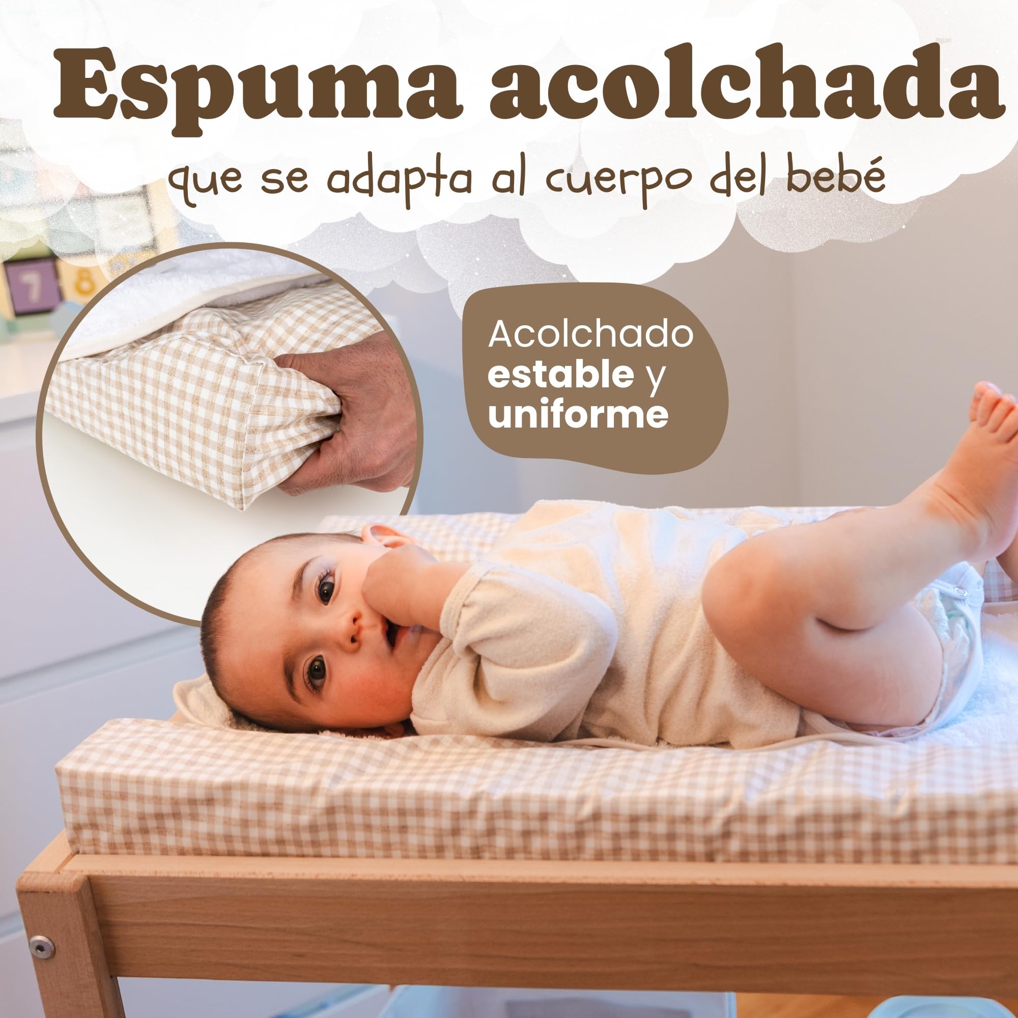 Funny Baby | Colchoneta Cambiador Bebé Impermeable 53x80 cm – Espuma Acolchada con Bordes Elevados, Funda Lavable y Toalla de Rizo – Cambiador para Cómoda Diseño Vichy Lino