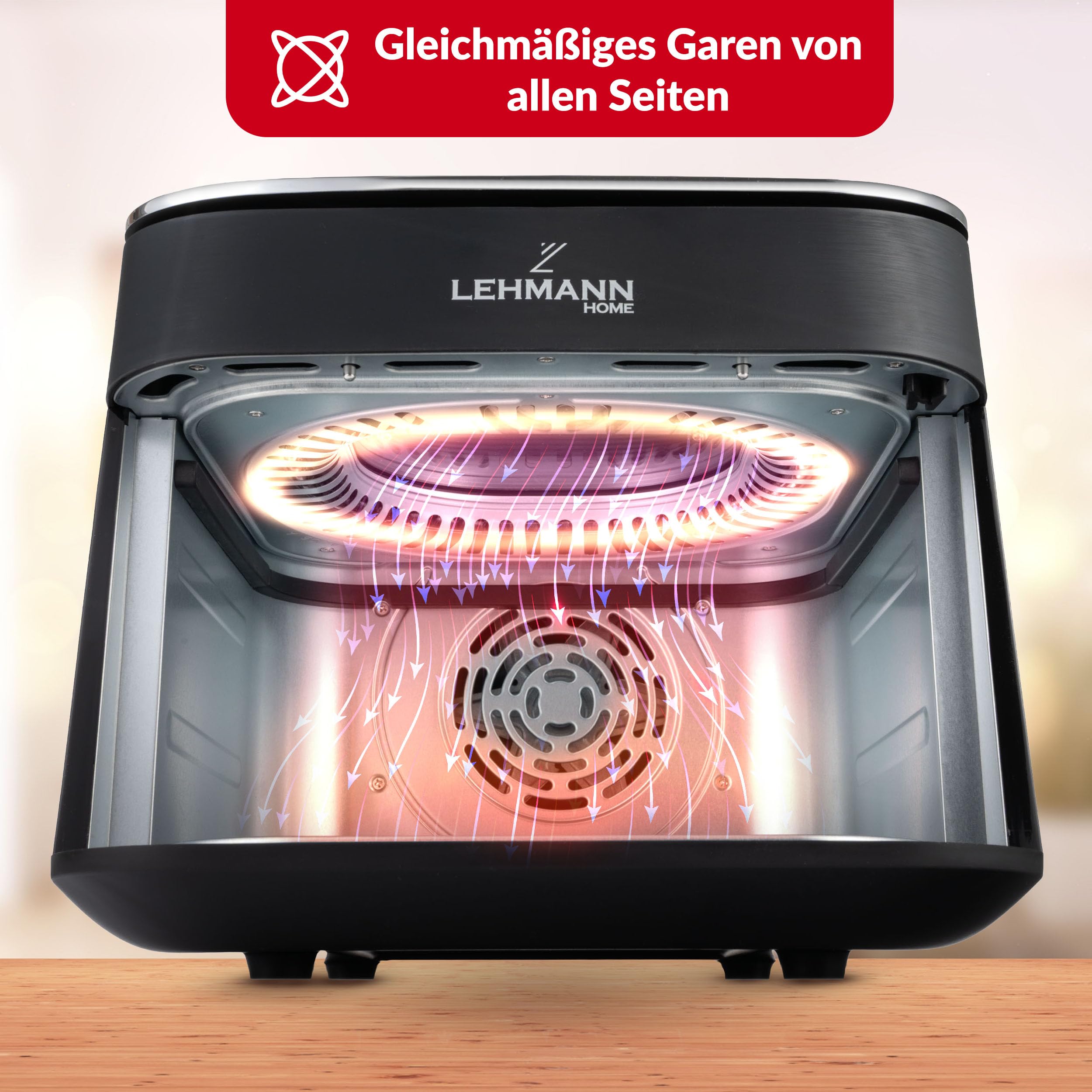 LEHMANN XL Heißluftfritteuse 6,5L, Airfryer mit oberem Panorama-Sichtfenster & Beleuchtung, Touchdisplay, 12 Programme, Rühr-Erinnerung, spülmaschinengeeignete Antihaft-Roste, Familien Air Fryer