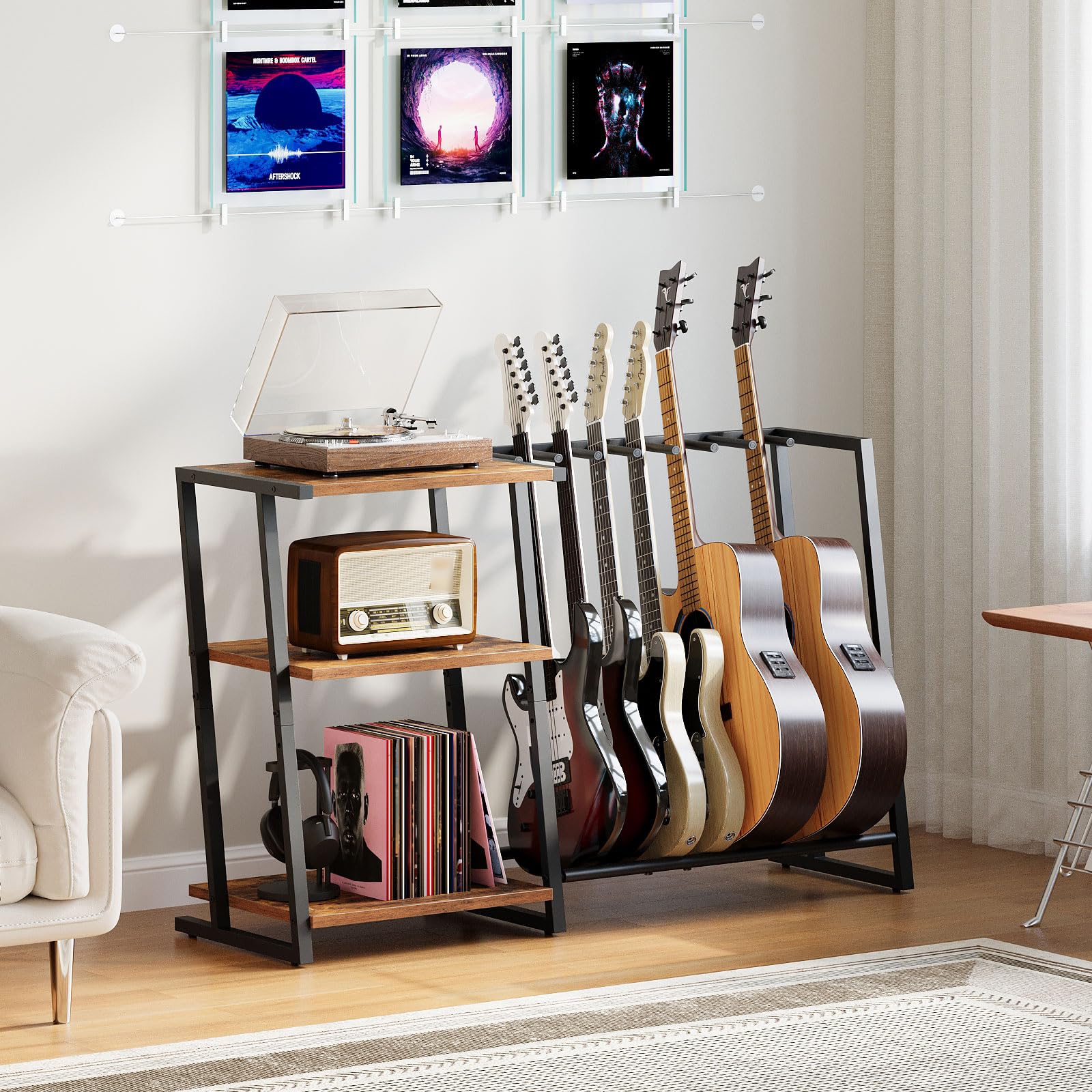 HOOBRO Podwójny stojak na gitarę z 3-poziomowymi półkami i regulowaną półką