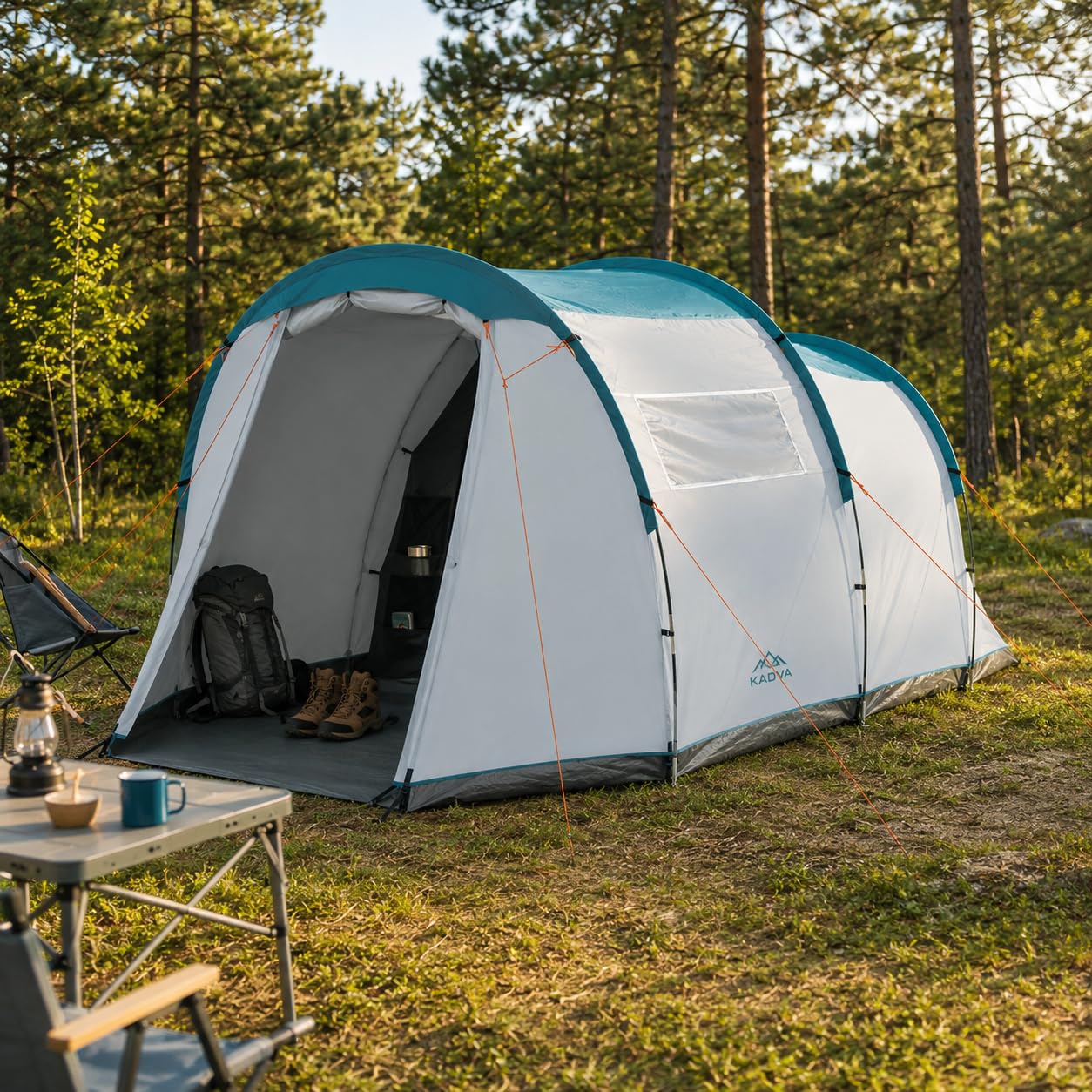 KADVA Kavio 4 namiot kempingowy dla 4 osób z przedsionkiem | szaro-turkusowy, 455 x 260 x 190 cm, poliester, dno PE, wodoszczelność 2000 mm, moskitiera, wymiary opakowania 62 x 27 cm