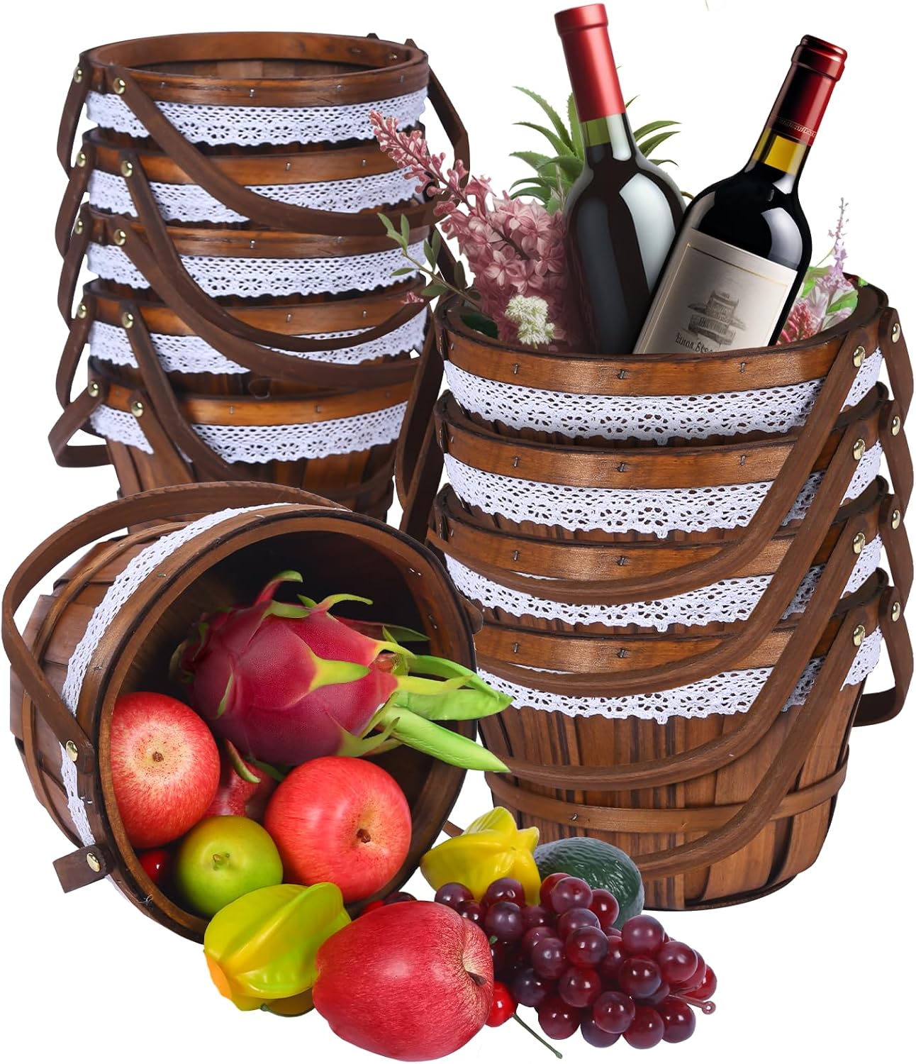 Round Picnic Basket Wooden Apple Basket 10" x 6.5" Garden Summer Picnic Basket Farm Fruit Basket Wedding Flower Basket?10pcs? Brown 10"x6.5"-10 Pcs