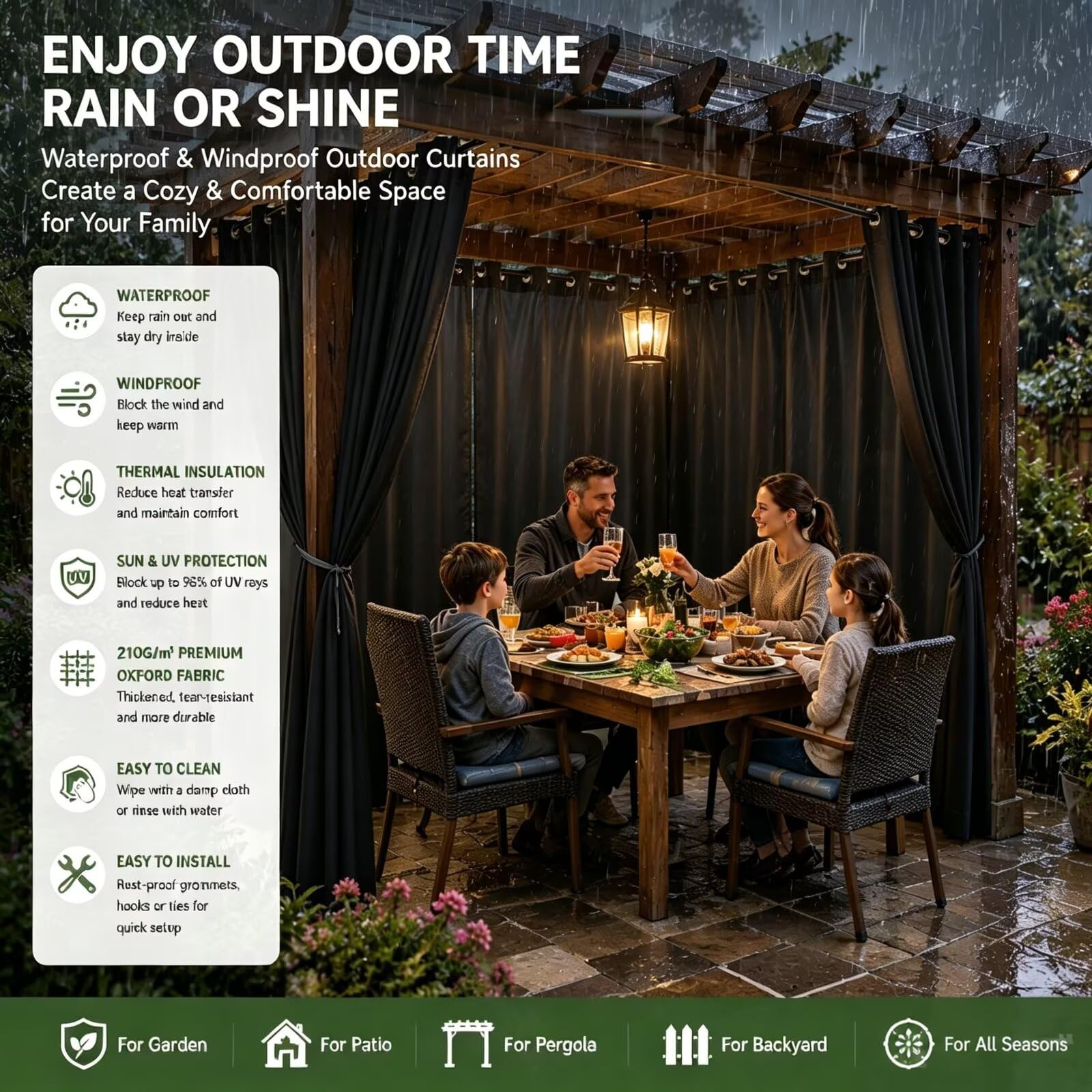 Pavillon Vorhänge Outdoor Sichtschutz mit Ösen H259 x B254cm Schwarz | Wetterfester Vorhang für Garten, Balkon und Terrasse mit langlebigem Oxford Gewebe