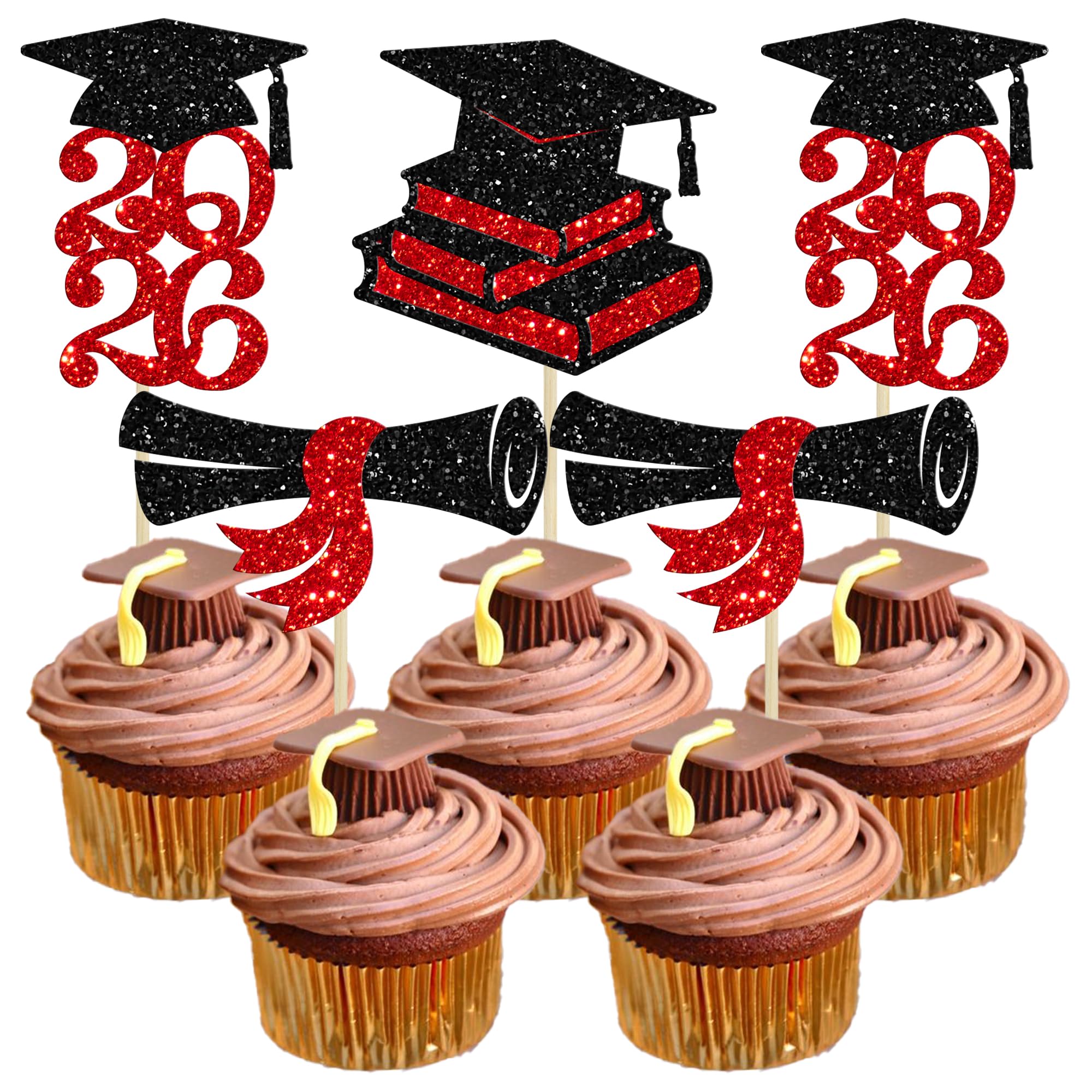 Ephlyn 24Pcs 2026 Graduation Theme Cupcake Toppers Glitter Class of 2026 Cupcake Picks Diploma Grad Cap Cupcake Decorations for 2026 Graduation Theme