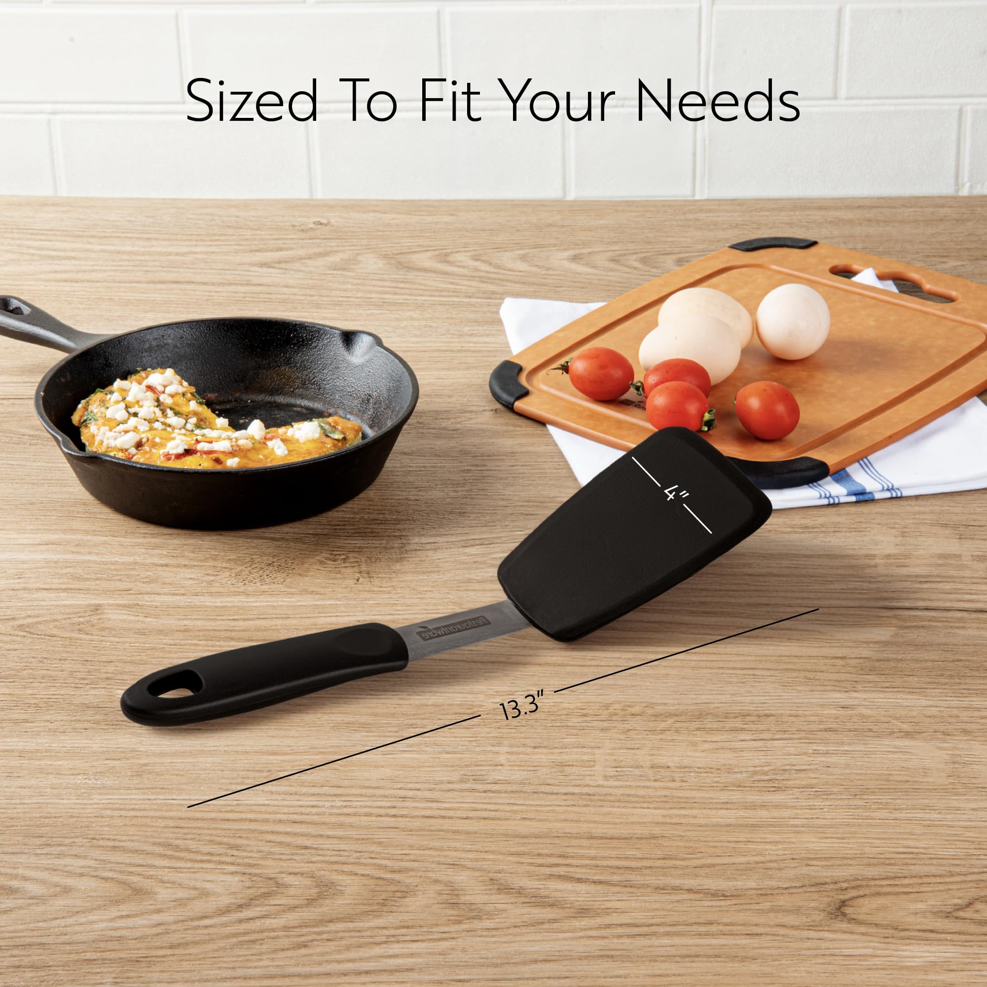 Comfy Grip - Volteador de silicona de 13.3 x 4 pulgadas, 1 espátula de cocina duradera, cuerpo de acero inoxidable, mango de goma con agujero, espátula de silicona negra, tolera hasta 446 F, lavable