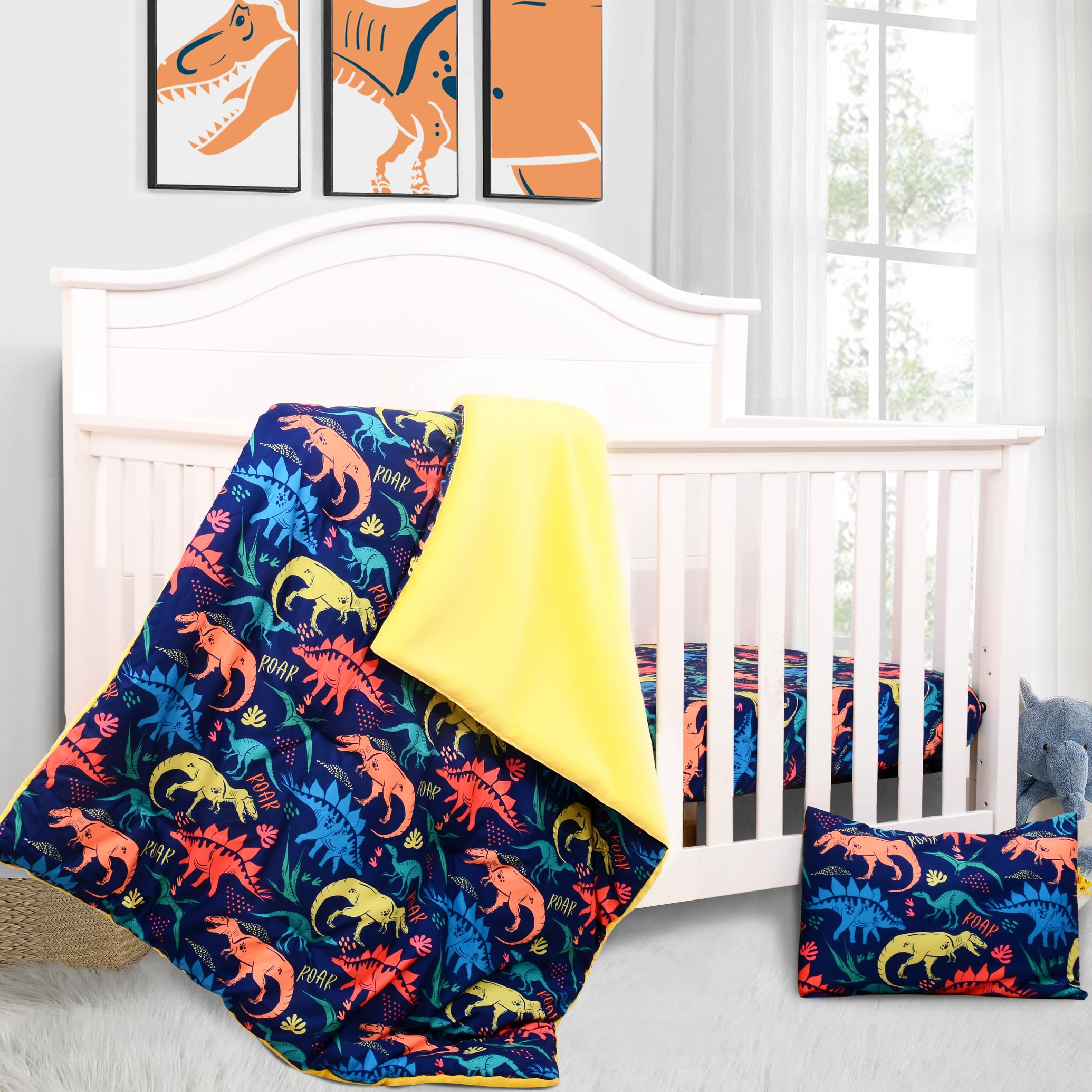 Cloele Crib Bedding Set for Boys,3 Piece Dinosaur Crib Bedding Set,Include Soft Baby Comforter,Breathable Fitted Sheet & Pillowcase,Navy Blue Nursery