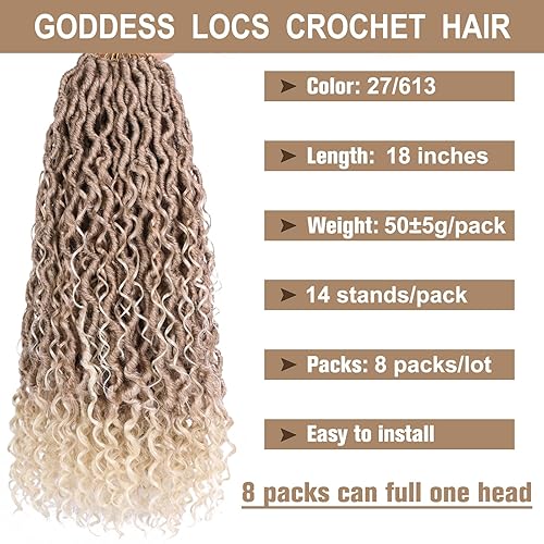 Miniatura 2 de COOKOO 8 paquetes de cabello de ganchillo Goddess Locs con extremos rizados, 18 pulgadas, mezcla de rubios, rizos sintéticos, trenzas de ganchillo