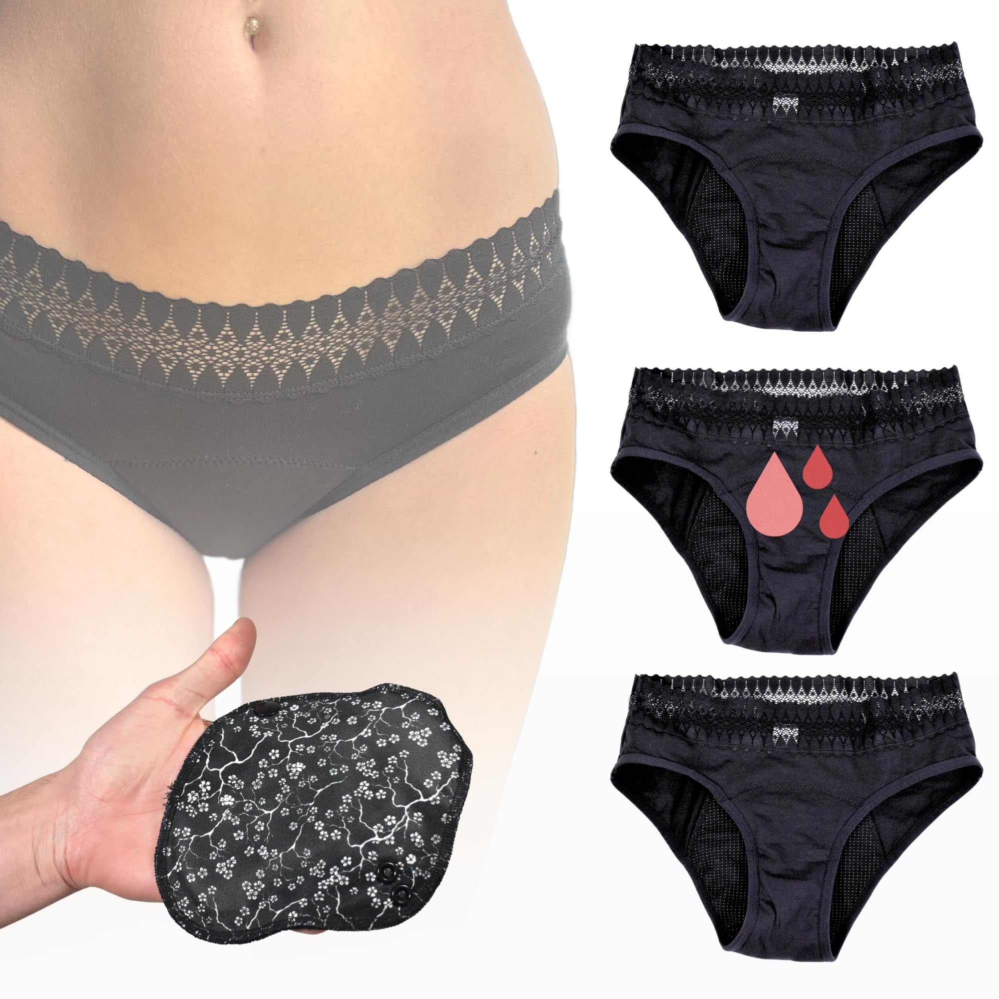 Hi Emely Bragas Menstruales Mujer para Flujo Abundante - Pack Braguitas Menstruales de Algodon Negras - Compresa Talla S
