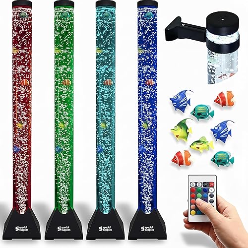 Special Supplies Aquarium Sensory Fish Bubble Light Tube with 16 LED Color Changing Nightlight Effect, Remote Control, and 8 Fishes, Colorful Floor Standing Lamp for Kids and Adults (4 feet) (Style 1)