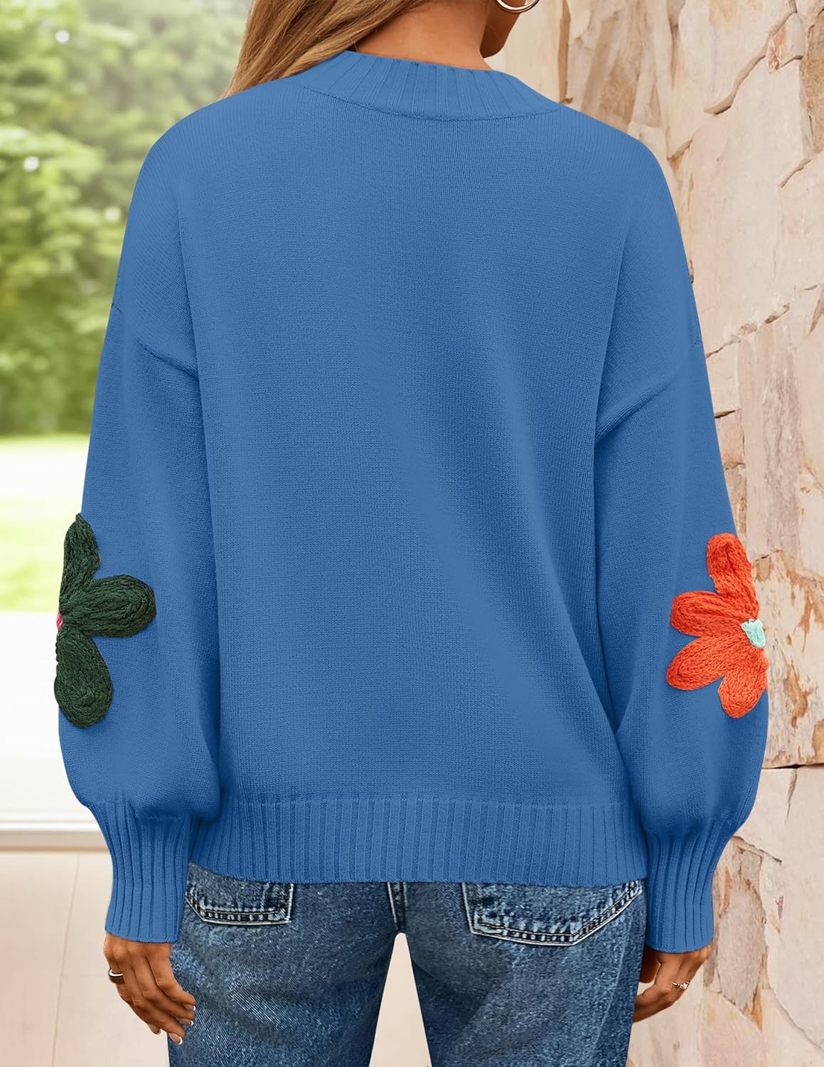 ZESICA Women's Long Puff Sleeve Sweaters Casual Crewneck Ribbed Knit Flower Color Block Loose Pullover Tops - Image 4