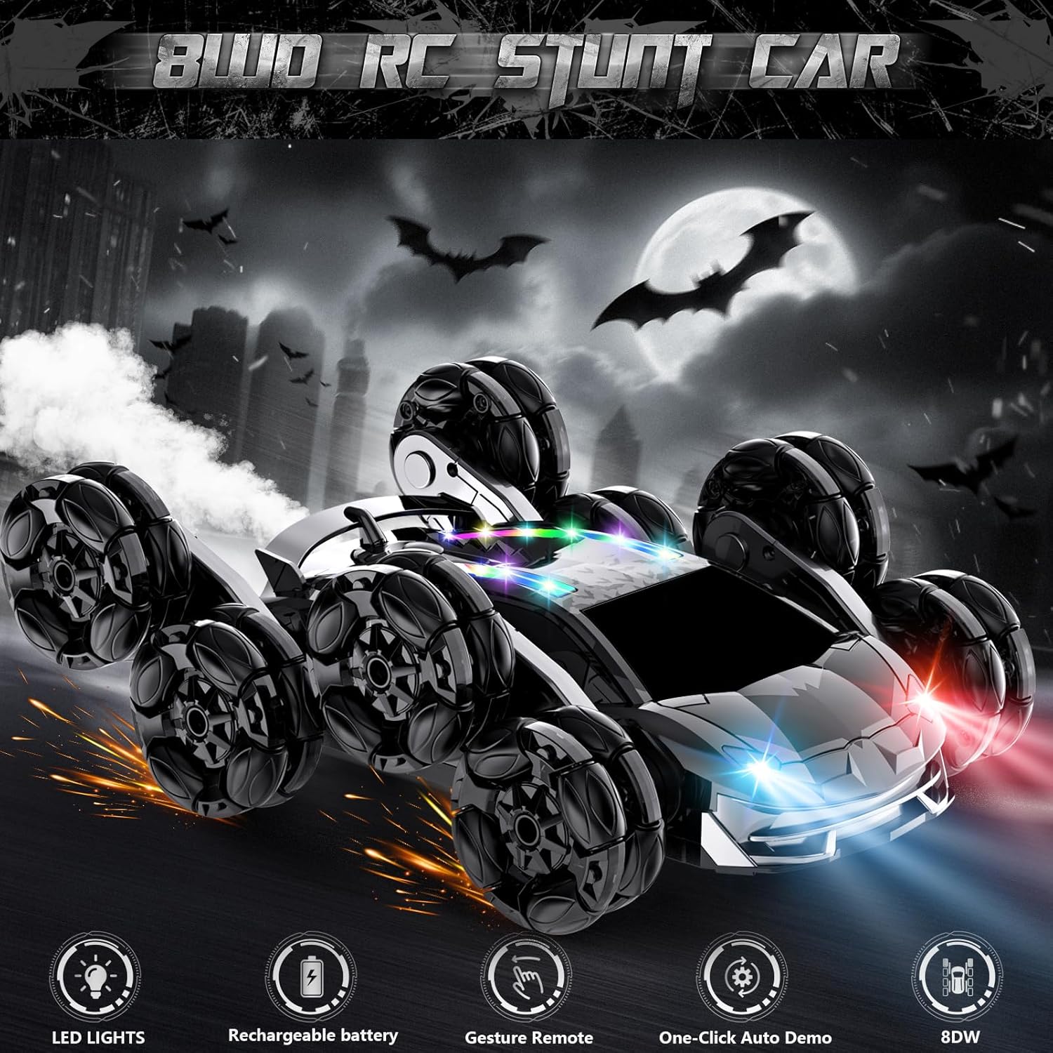 OSIMILY 8WD Remote Control Car,2.4GHz Gesture Sensing RC Stunt Car,Cool Spray Rotation RC Car with Lights and Music,All Terrain Toys for Ages 5-7 Birthday Gifts for Boys Girls(Black)