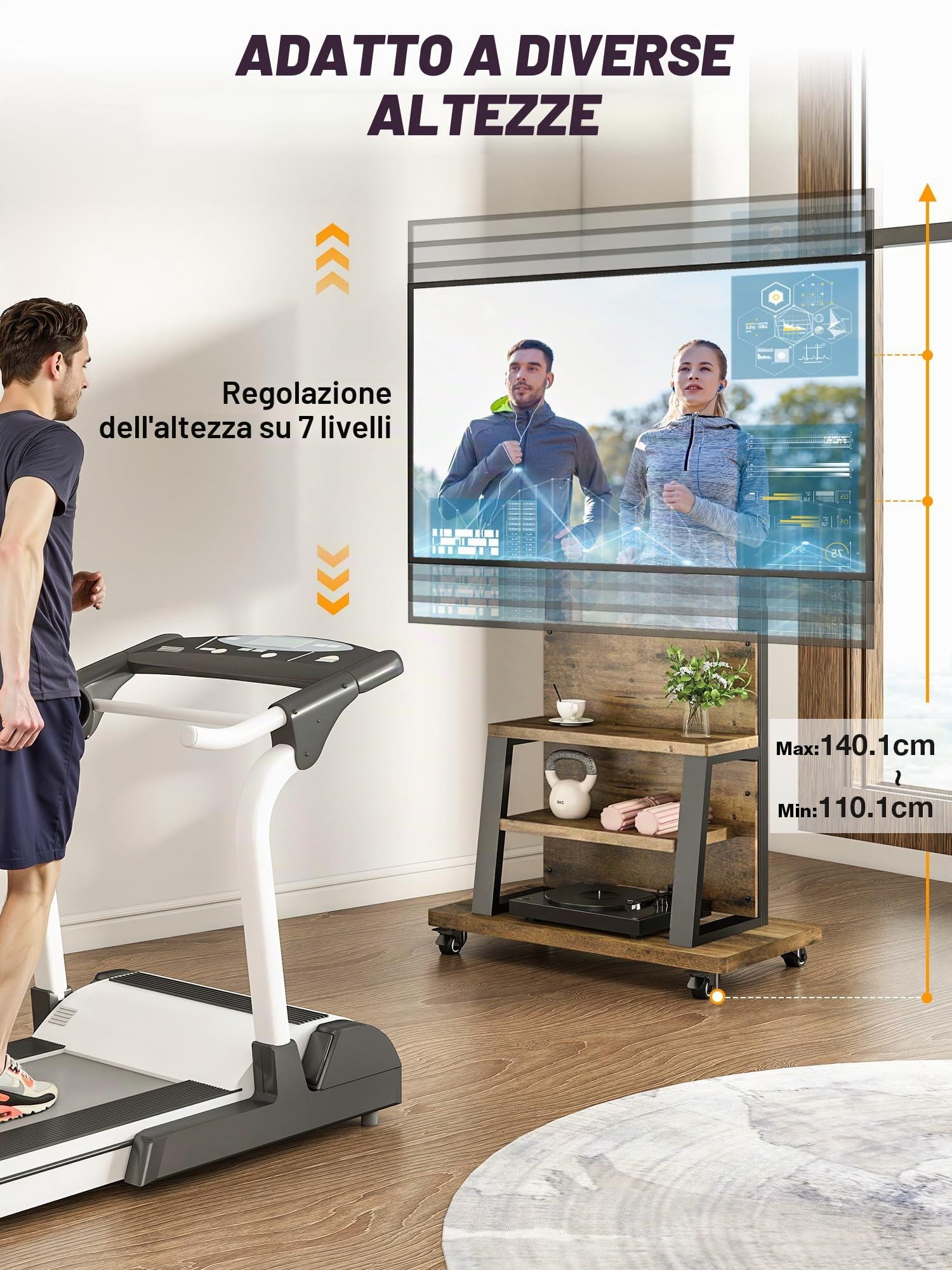 Mobile Supporto TV da Pavimento per TV da 37 a 75 pollici, carrello TV mobile con portaoggetti a 3 ripiani, Porta TV da terra altezza regolabile (68 kg carico), MAX VESA 600x400 mm