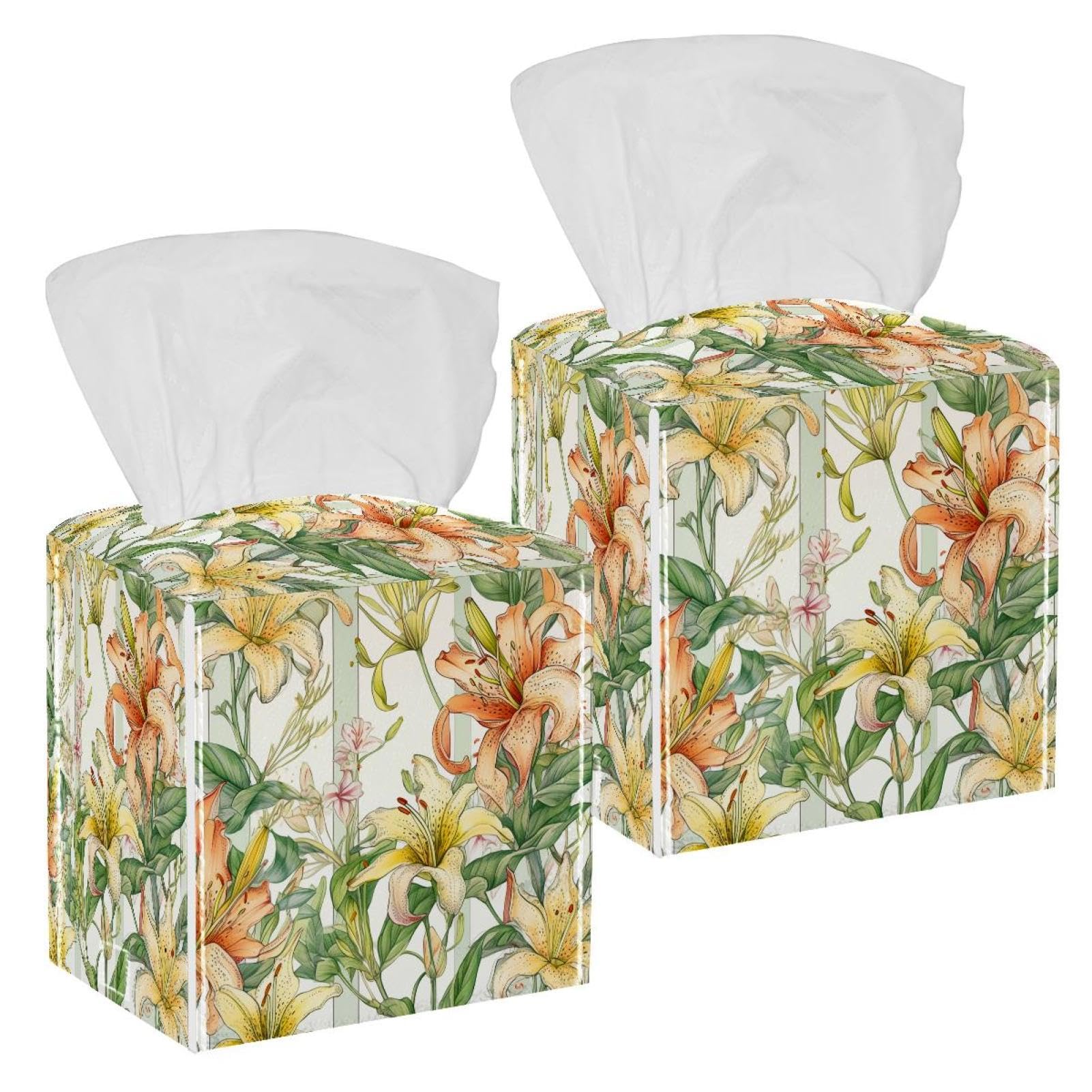 Cartoon lilies Tissue Box Cover, 2 Pack PU Leather Square Facial Tissue Dispenser Box holder for Home Office Car