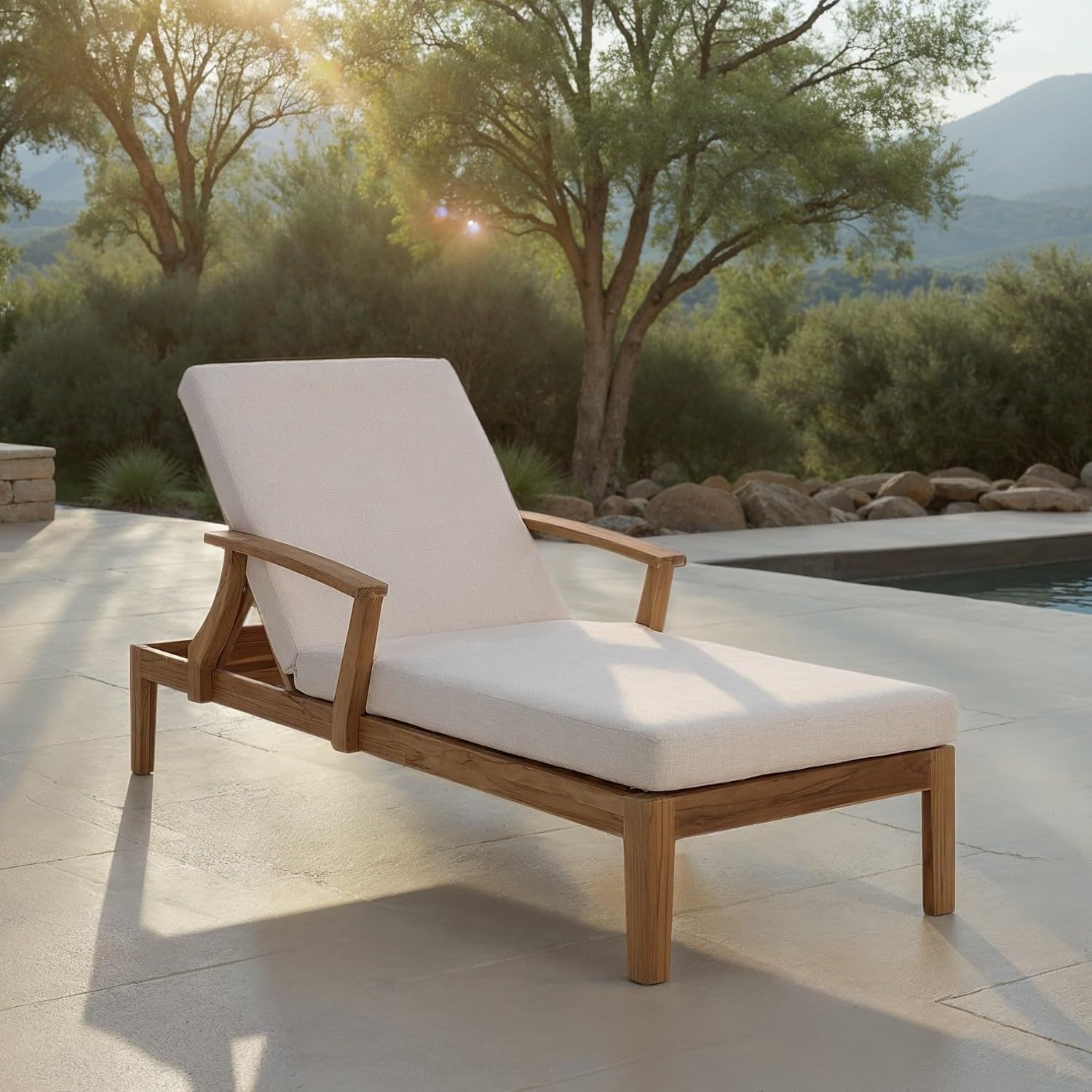 SAFAVIEH Couture Outdoor Patio Furniture Collection - Martinique Chaise Lounge Chair, Natural Teak Solid Wood with Removable White Cushions (CPT1066H)