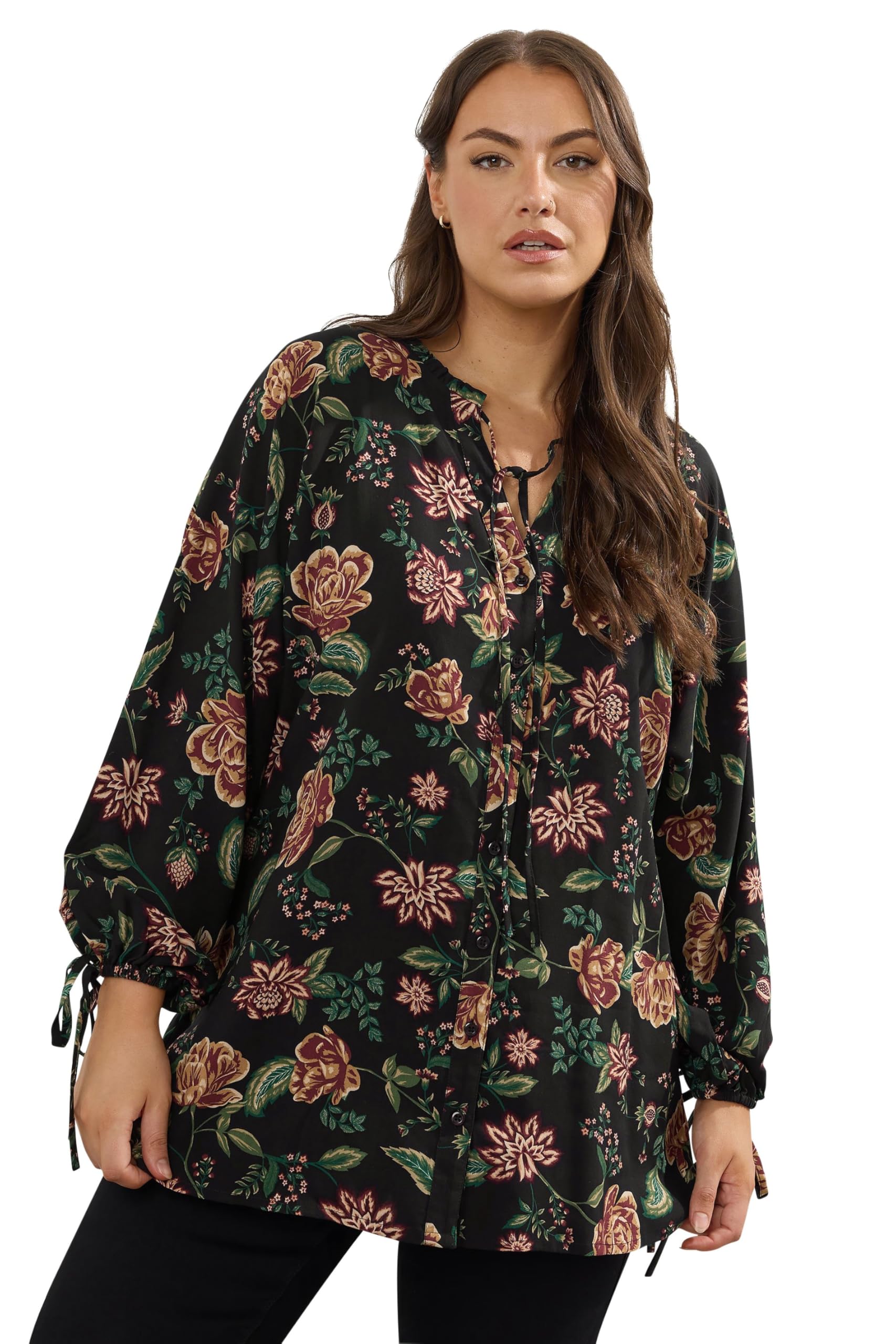 Yours Women's Black Curve Floral Tie Neck Blouse - Plus Size Curve
