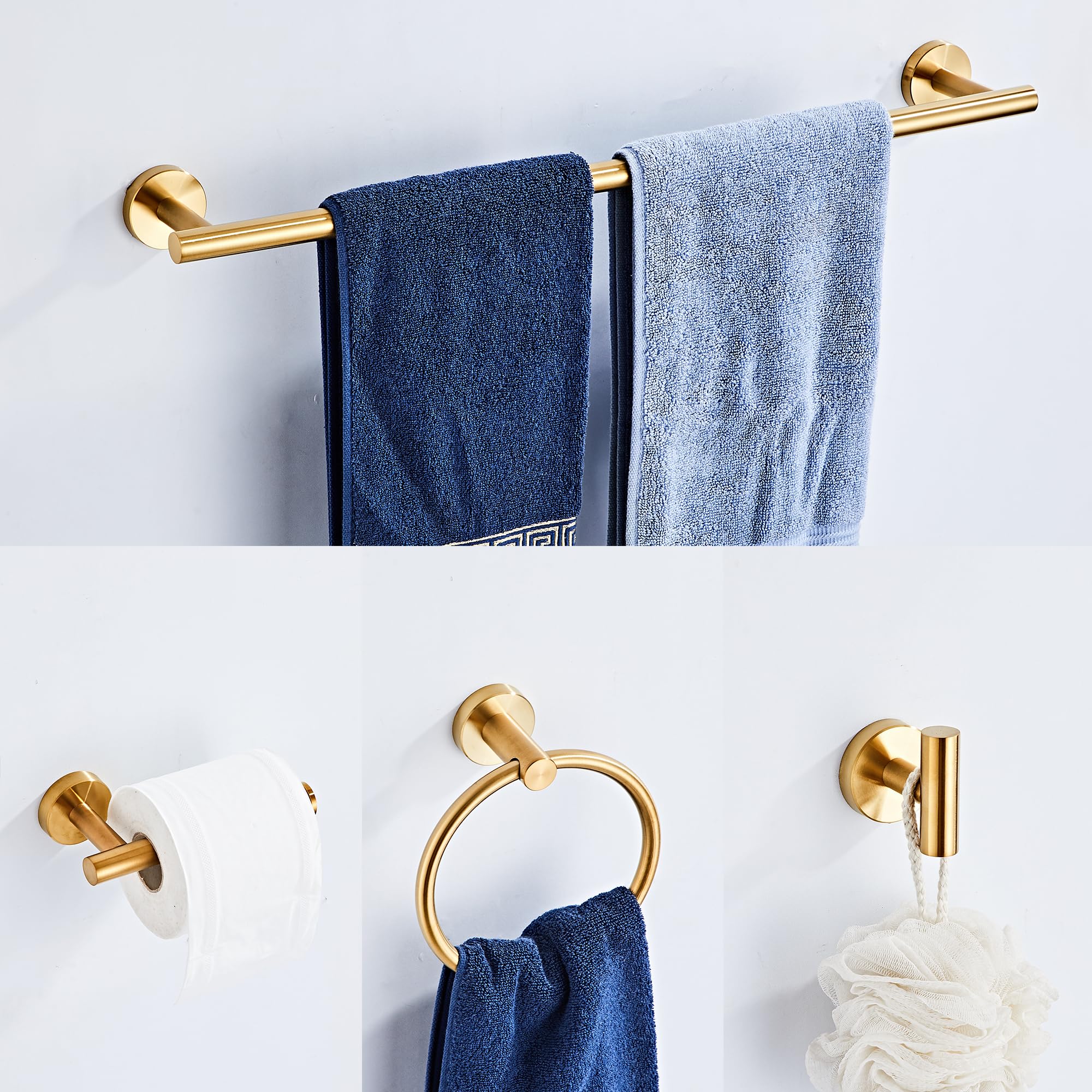Set Accessori Bagno Oro 5 Pezzi – Portasciugamani Da 61 Cm, Porta Carta, Anello E Gancio – Acciaio Inossidabile SUS304 Con Finitura Spazzolata