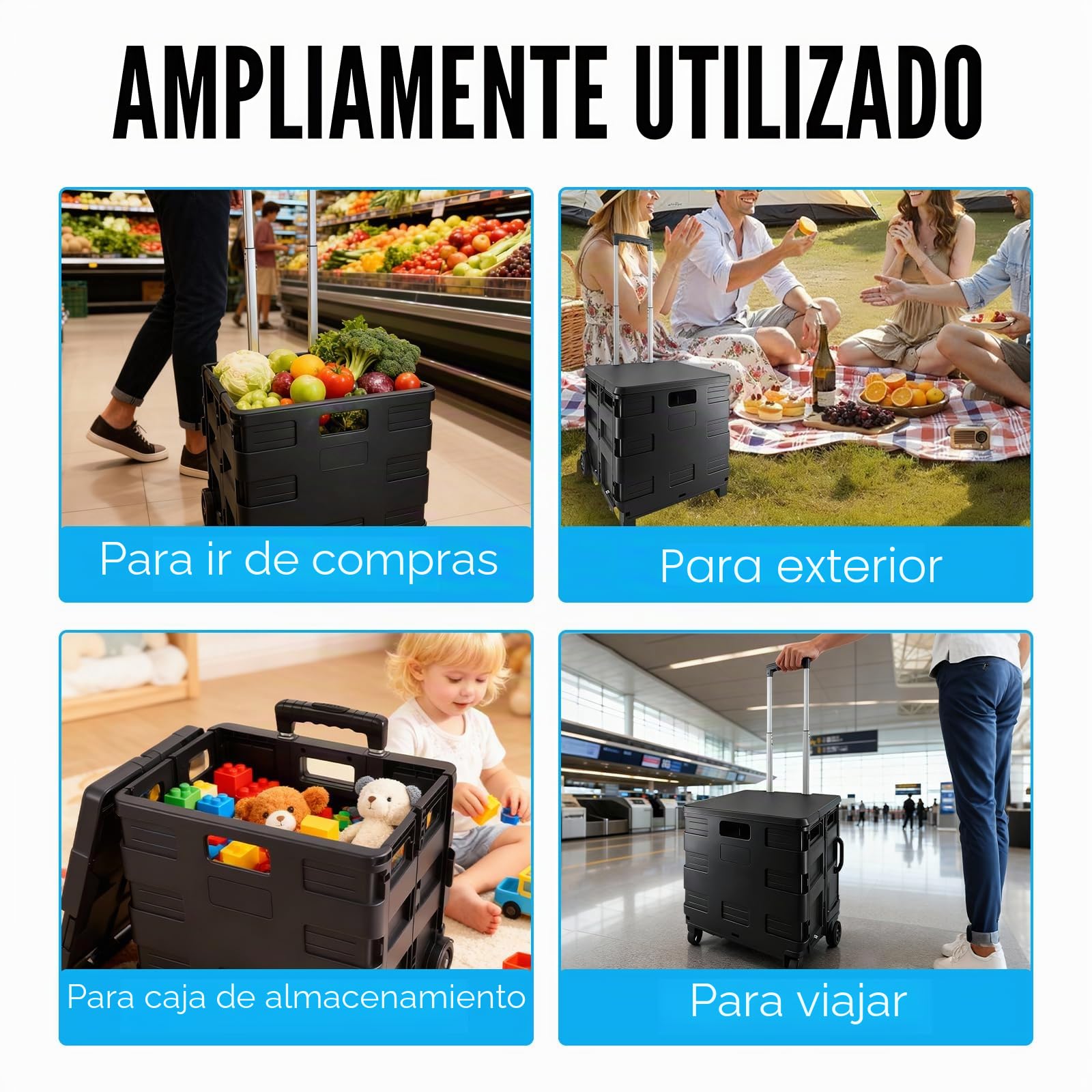Carro Compra Plegable 45L con Tapa y Asa Telescópica – Carro Plegable con Ruedas para Supermercado, Camping y Mercado – Carrito de la Compra con Capacidad 25 kg