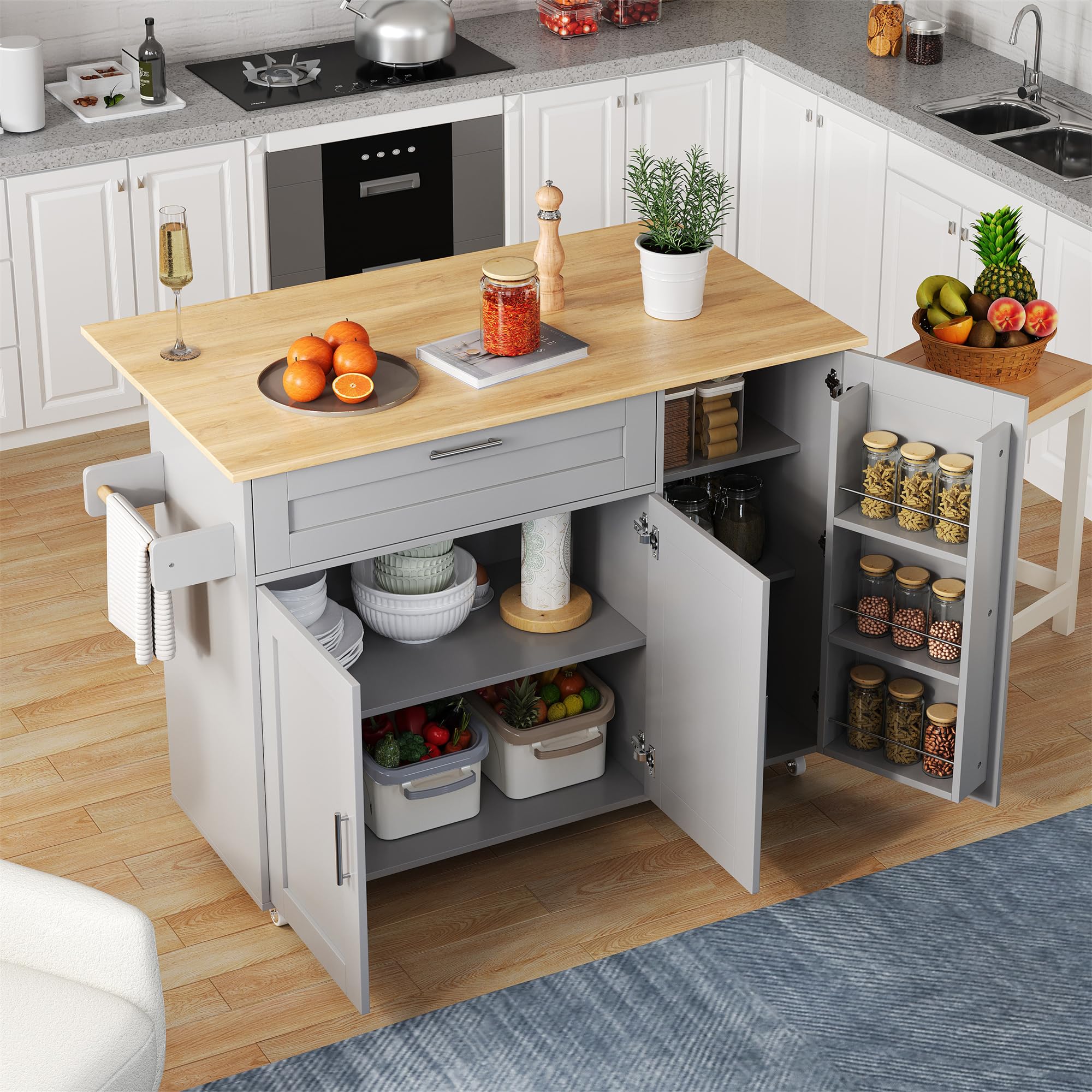 ModernLuxe Kitchen Island on Wheels, Rolling Kitchen Trolley with Foldable Countertop, Oak Wood Grain Multifunctional Storage Cabinet with Spice Rack and Towel Holder, Grey, 132.5 x 44–70 x 90 cm