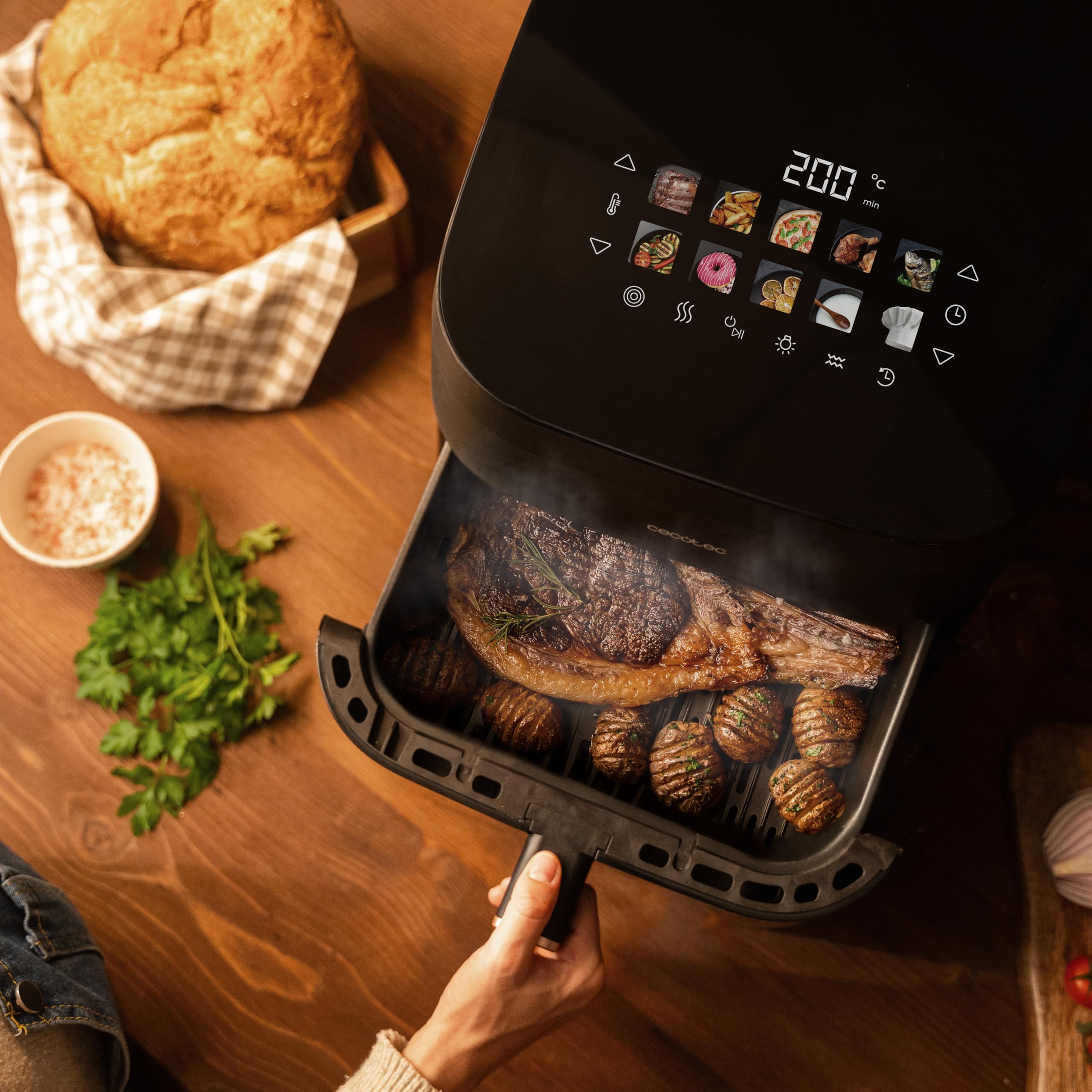 Cecotec Frytkownica bezolejowa z grillem 6,5 l Cecofry&Grill Smokin' 6500 Plus, 2200 W, frytkownica, grill i żelazko, regulacja temperatury 40-200 stopni, zintegrowany wędzarnia, podwójny grill, 10