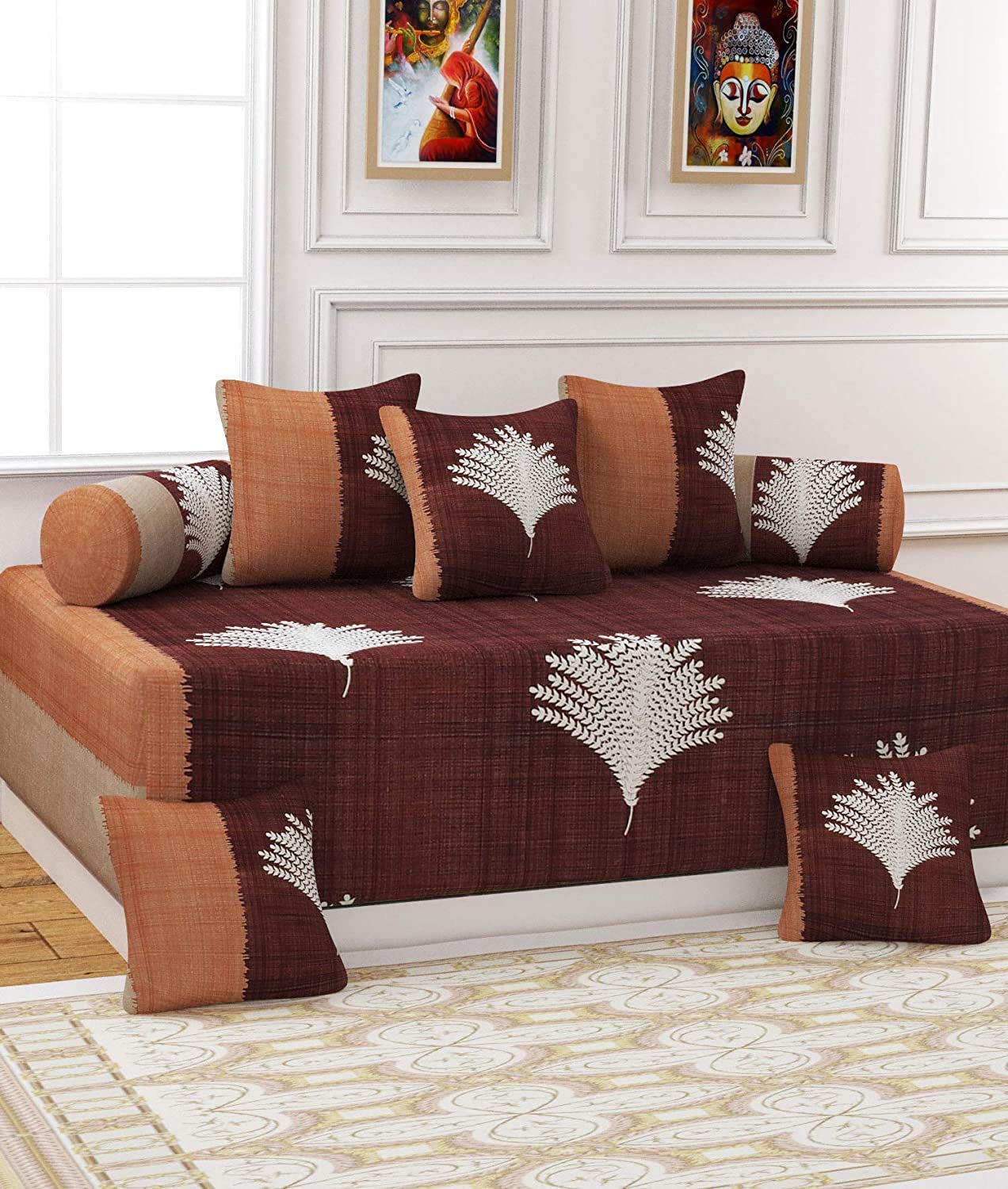 Zesture Bring HomePremium 8 Piece Microfibre Soft Fabric diwan Set -1 diwan bedsheet, 5 Cushion Covers, 2 bolsters (Brown -Musturd)