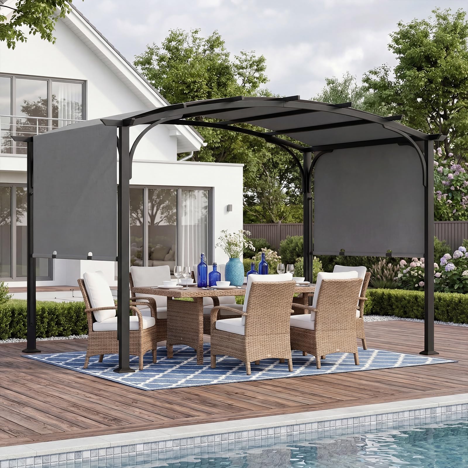 COSTWAY Pérgola Retráctil para Exterior, 3 x 2,4m, Cenador de Jardín con Techo Arqueado, Estructura Metálica y Tejido de Poliéster, Pabellón Jardín con Toldo para Patio Terraza Porche (Gris)