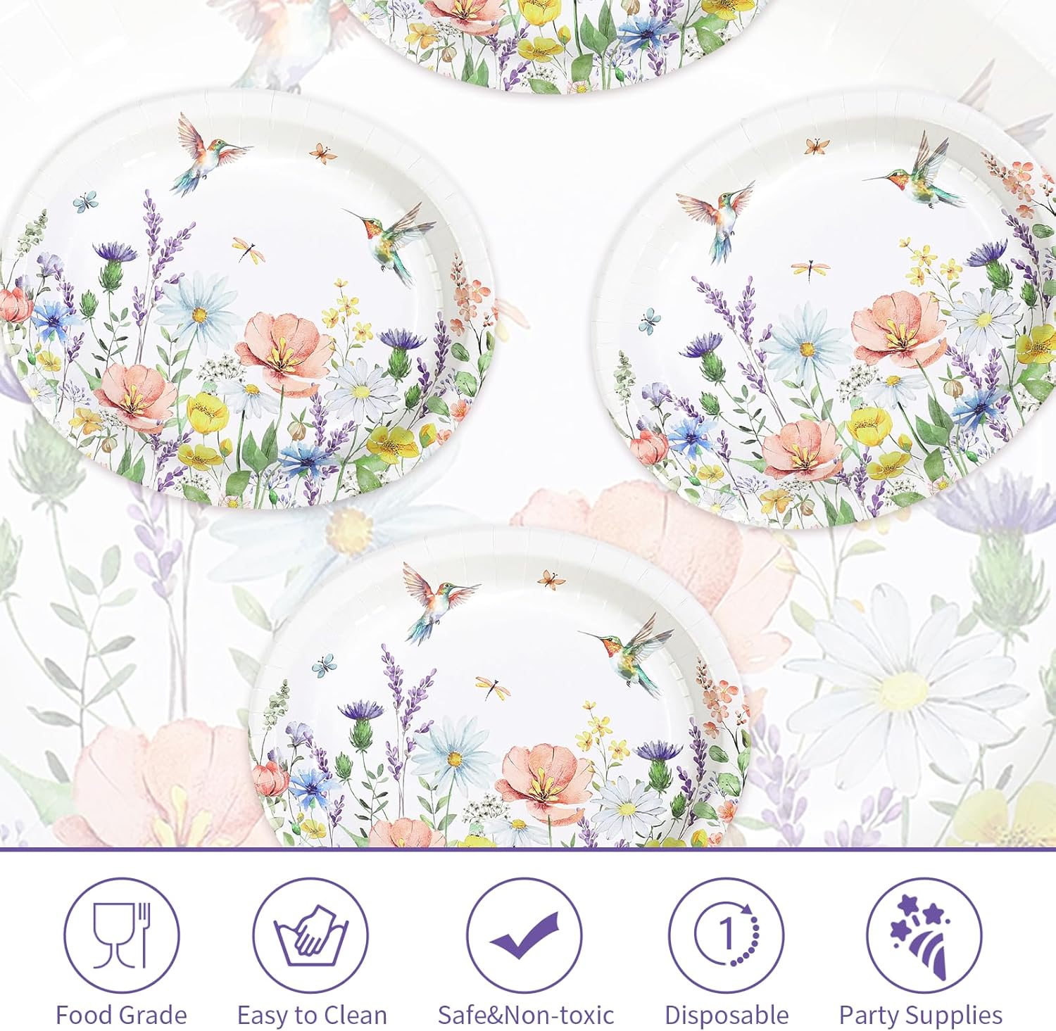 50Pcs Wildflower Oval Paper Plates 10" x 12" Large Heavy Duty Watercolor Floral Disposable Plates Spring Hummingbird Dessert Platters for Spring Birthday Wedding Tea Picnic Party Supplies