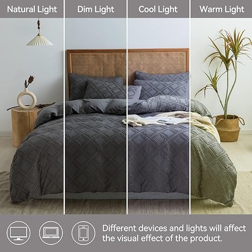 Miniatura 7 de JELLYMONI Juego de funda de edredón de microfibra ultrasuave de 3 piezas, tamaño Queen, funda de edredón reversible con textura bohemia gris, patrón