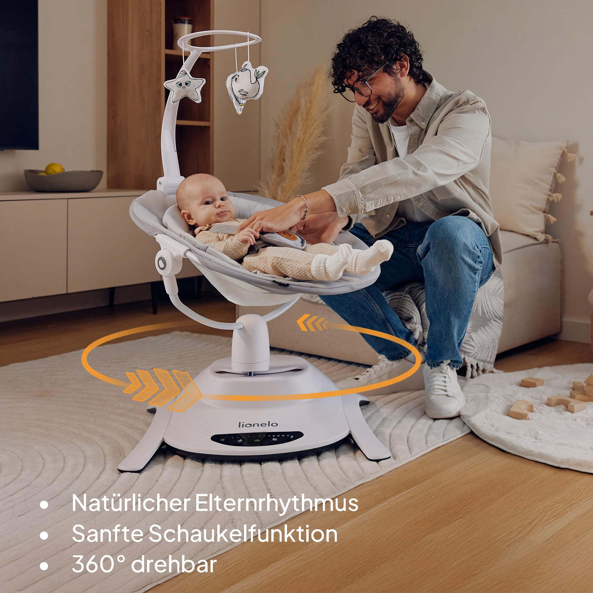LIONELO Bella Set 2-in-1 Elektrische Babywippe mit Babywanne 360o für Babys bis 9 kg, verstellbare Rückenlehne, 5 Schaukelgeschwindigkeiten Anti-Rutsch Sicherheitsgurt