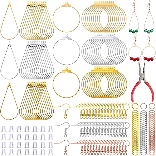 Crtiin - Kit de fabricación de aretes de 481 piezas, suministros para hacer joyas, hallazgos de aretes a granel con lágrima y aros de cuentas